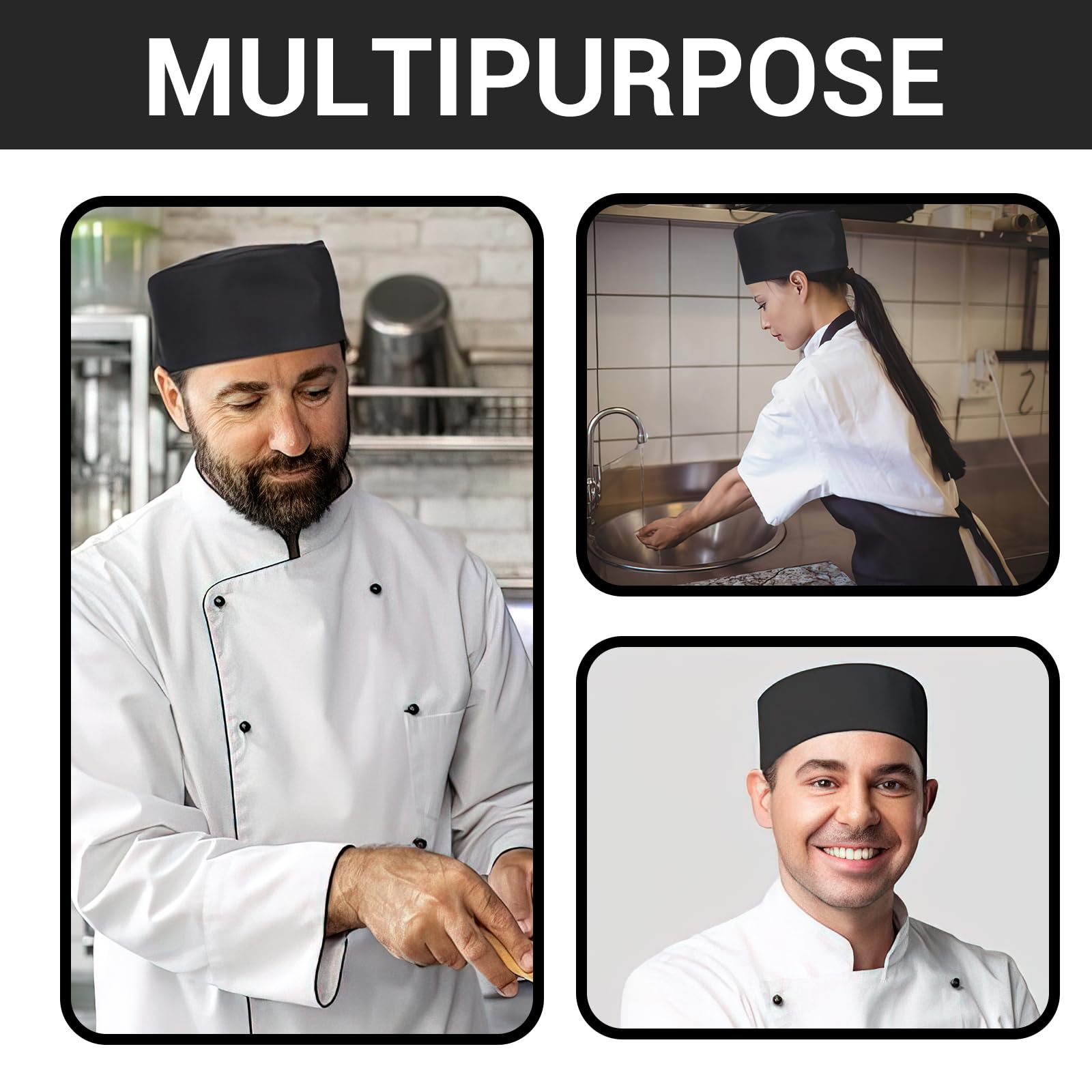 Lot de 3 chapeaux de chef noirs avec maille respirante, chapeau de cuisine réglable pour cuisine, salle à manger, Noir , 49