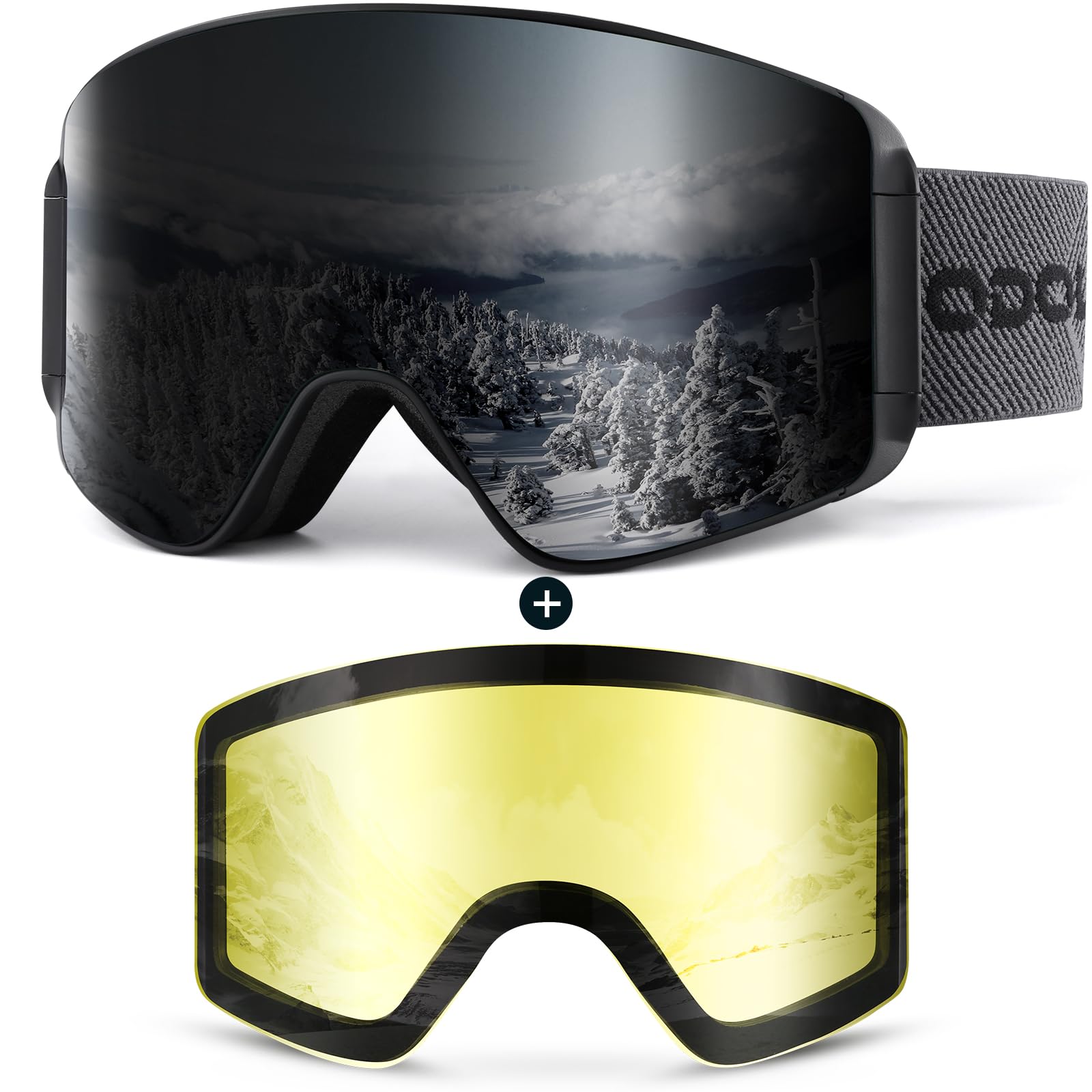 Odoland Kit di Maschera da sci con Lente Rimovibile, Lenti Intercambiabili Magnetico Senza Cornice, Occhiali da Sci Anti-nebbia con Protezione UV400, per Uomini e Donne, Compatibile con Casco