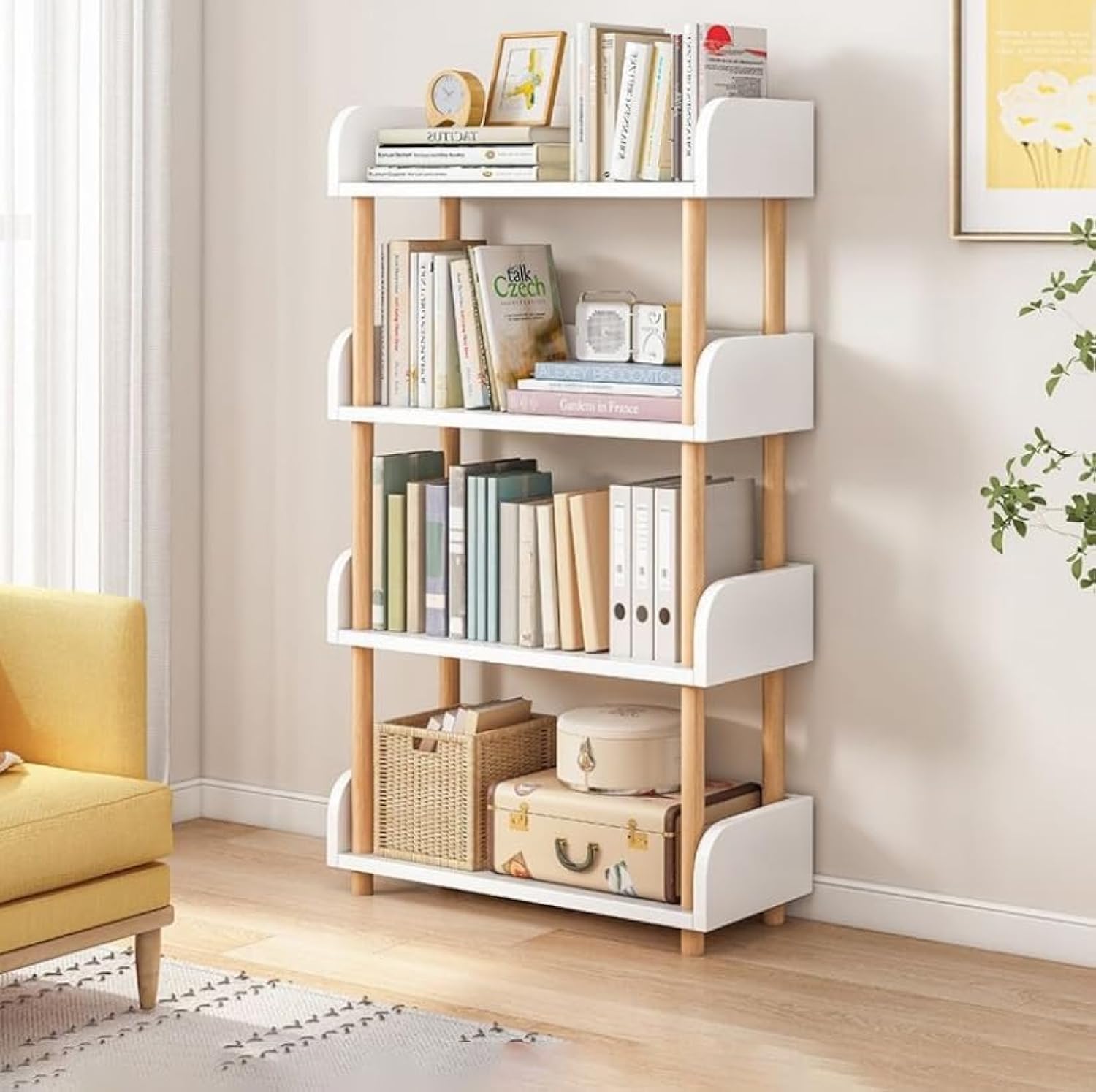 4 Tier Wooden Bookcase with Solid Frame, Modern Display Shelving for Home Office,Storage Cabinet (white)