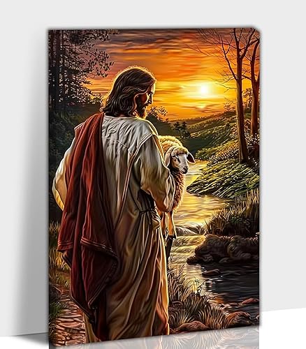 Miniatura 9 de Lienzo decorativo para pared, diseño de Jesús con las ovejas, Jesús corriendo tras el cordero, Él dejó el 99 para rescatarme, Jesús pastor y oveja