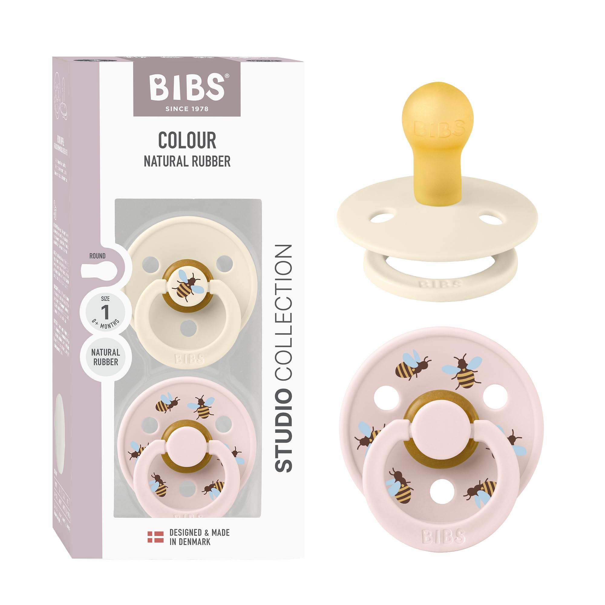 BIBS Colour Studio Soother 2-Pack, BPA Free Dummy Pacifier, Round Nipple. Natural Rubber Latex, Made in Denmark, Size 2 (6-18 Months), Violet Sky/Petal — view 51