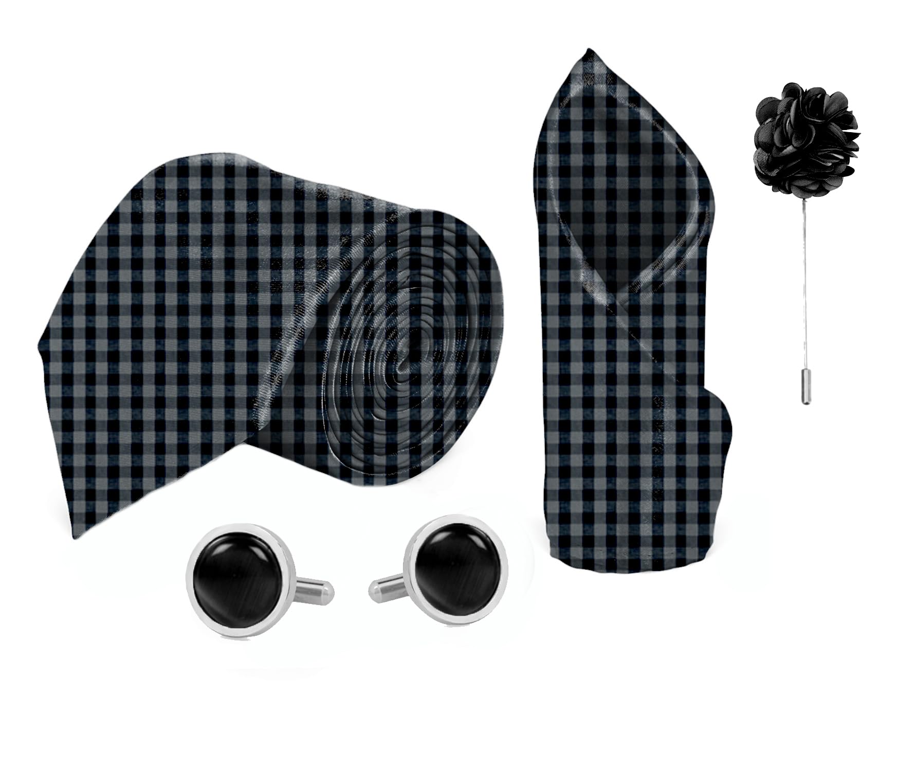 blacksmith Black & Grey Checks Printed Tie and Pocket Square Set for Men with Natural Stone Cufflink and Matching Flower Lapel Pin-picture-13