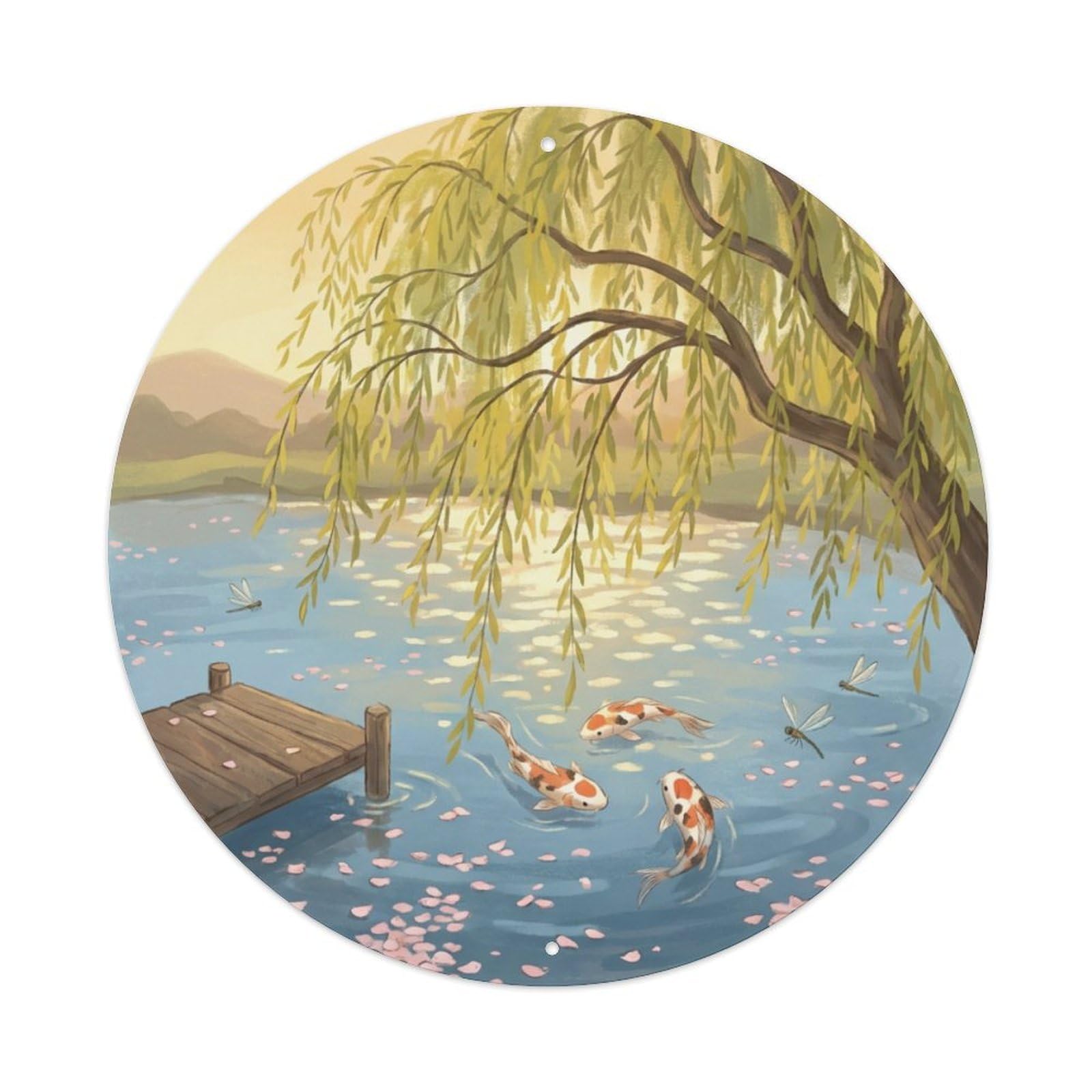 Galvaxio Style Japanese Koi Fish Willow Branches Swaying Gentle Metal Tin Sign