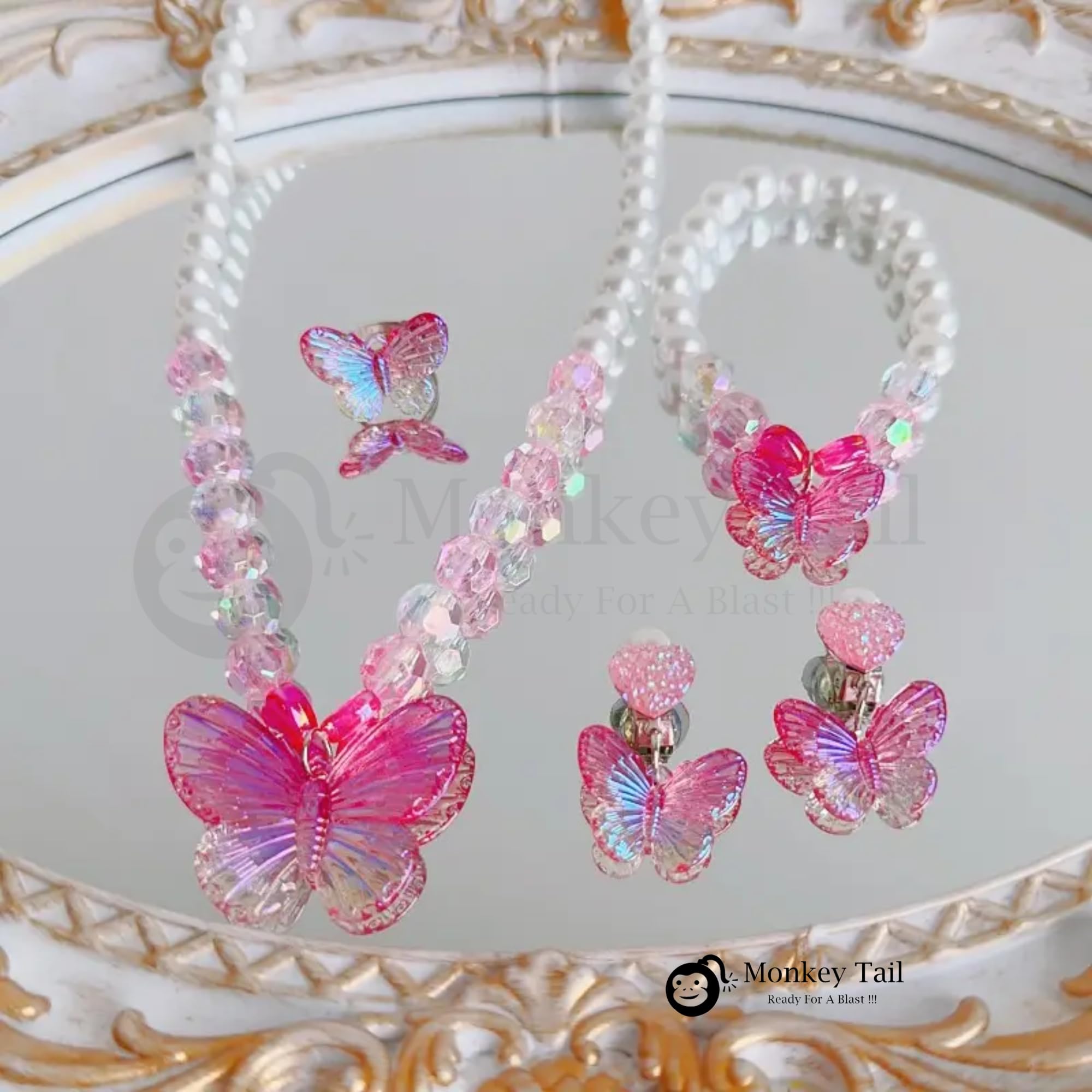 MONKEYTAIL Pink Butterfly Jewellery Kit for Kids Girls | Set of 1| Princess Jewelry Set with Pearl Beads Necklace, Bracelet, Earrings & Ring | Dress-Up Costume Accessories Gift