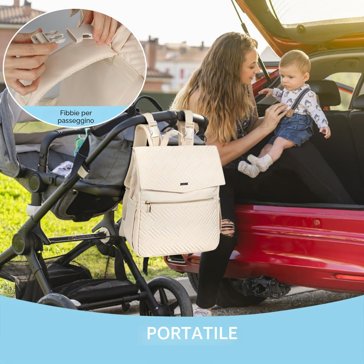 LANDICI Zaino per cambio pannolini, multifunzione, elegante, da viaggio, con tappetino per fasciatoio, cinghie per passeggino, per mamma, papà, ragazzo e ragazze