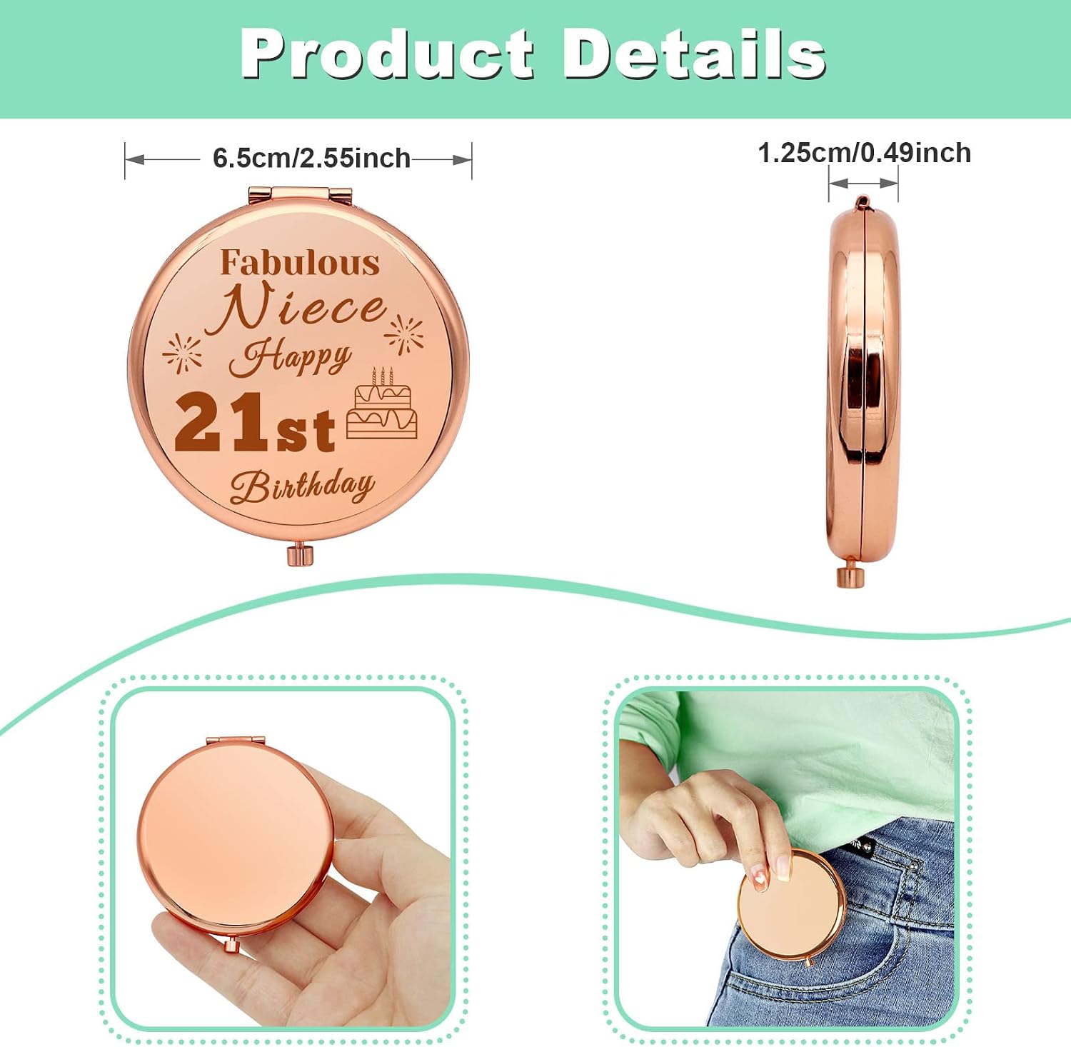 Niece Birthday Gift Compact Makeup Mirror Happy 21st Birthday Gifts for Niece Folding Makeup Mirror Niece Birthday Gifts from Aunt 21 Years Old Birthday Gifts for Her 21st Birthday Gifts for Her image 4