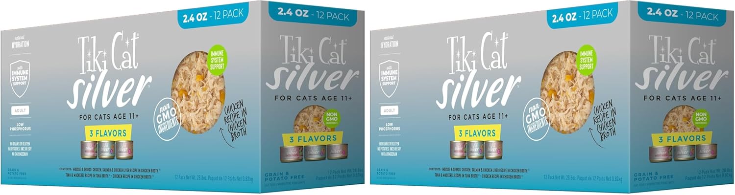 Tiki Cat Silver Variety Pack,Immune System Support Formulated for Older Cats Aged 11+,Senior Wet Cat Food,2.4 oz. Can,12 Count (Pack of 2)