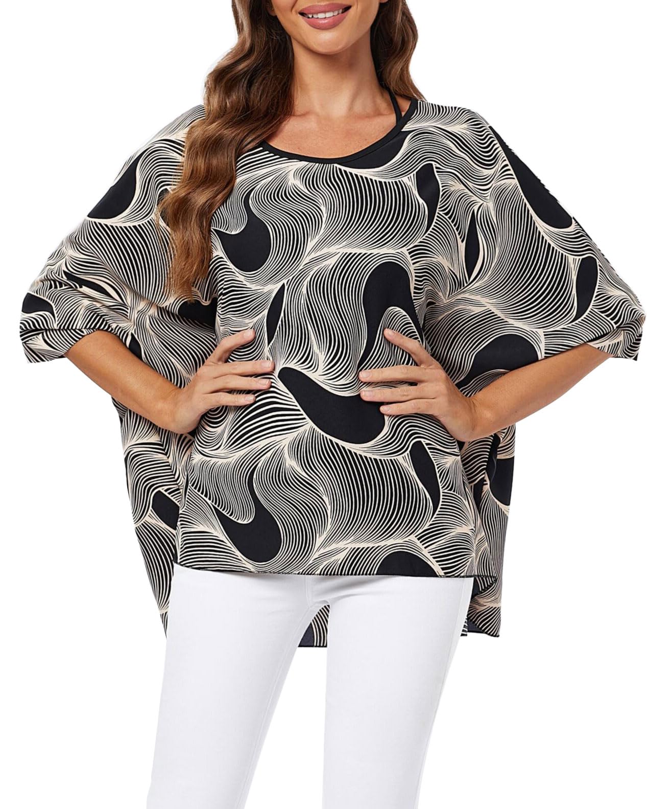 Plus Size Floral Chiffon Batwing Sleeve Tunic Blouse Boho Off-Shoulder Beach Cover Up Loose Summer Tops for Women