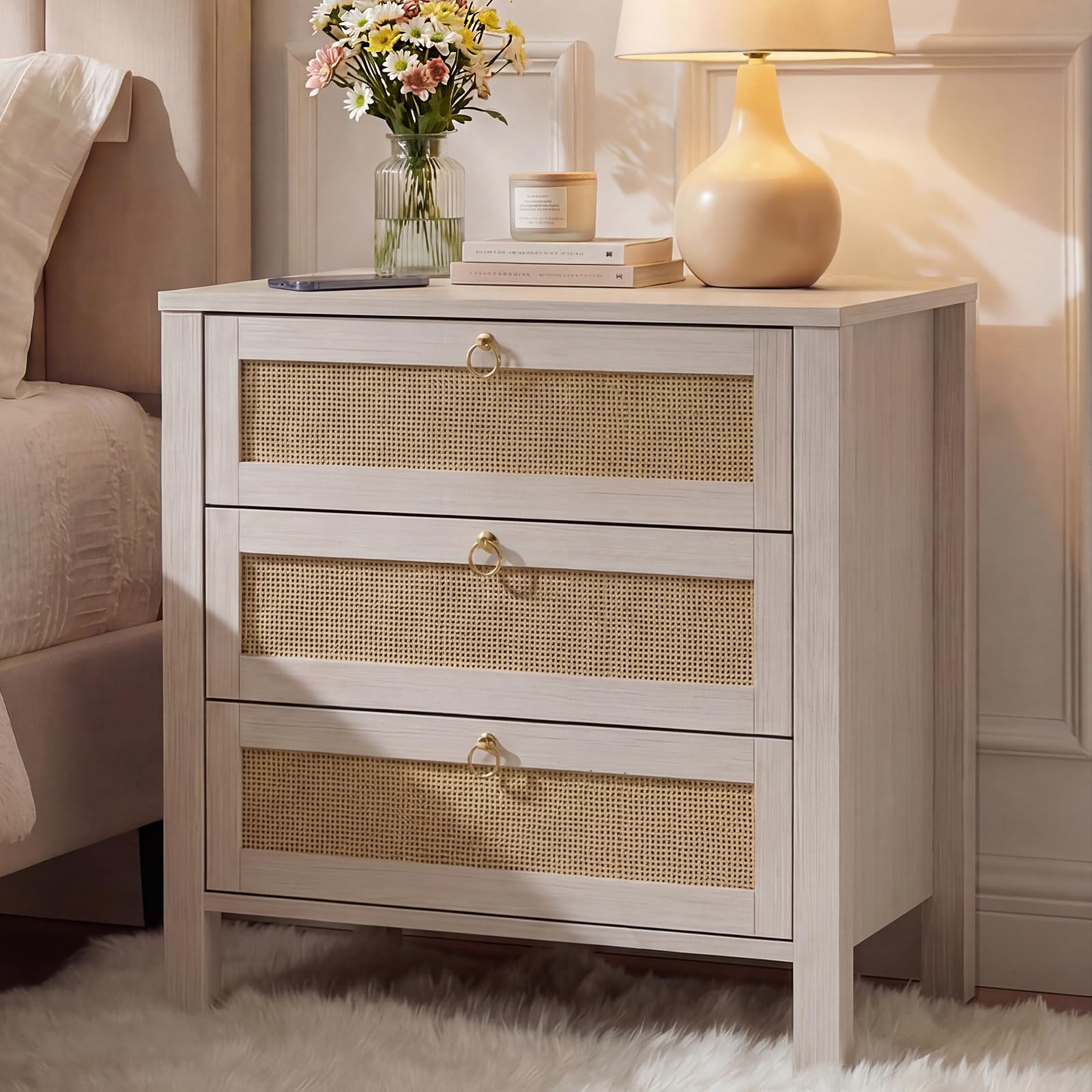 Garvee Large Rattan Nightstand, White Night Stand with Drawers, Boho 3 Drawer Night Stand, Wood Large Bedside Table with Golden Handle for Bedroom,