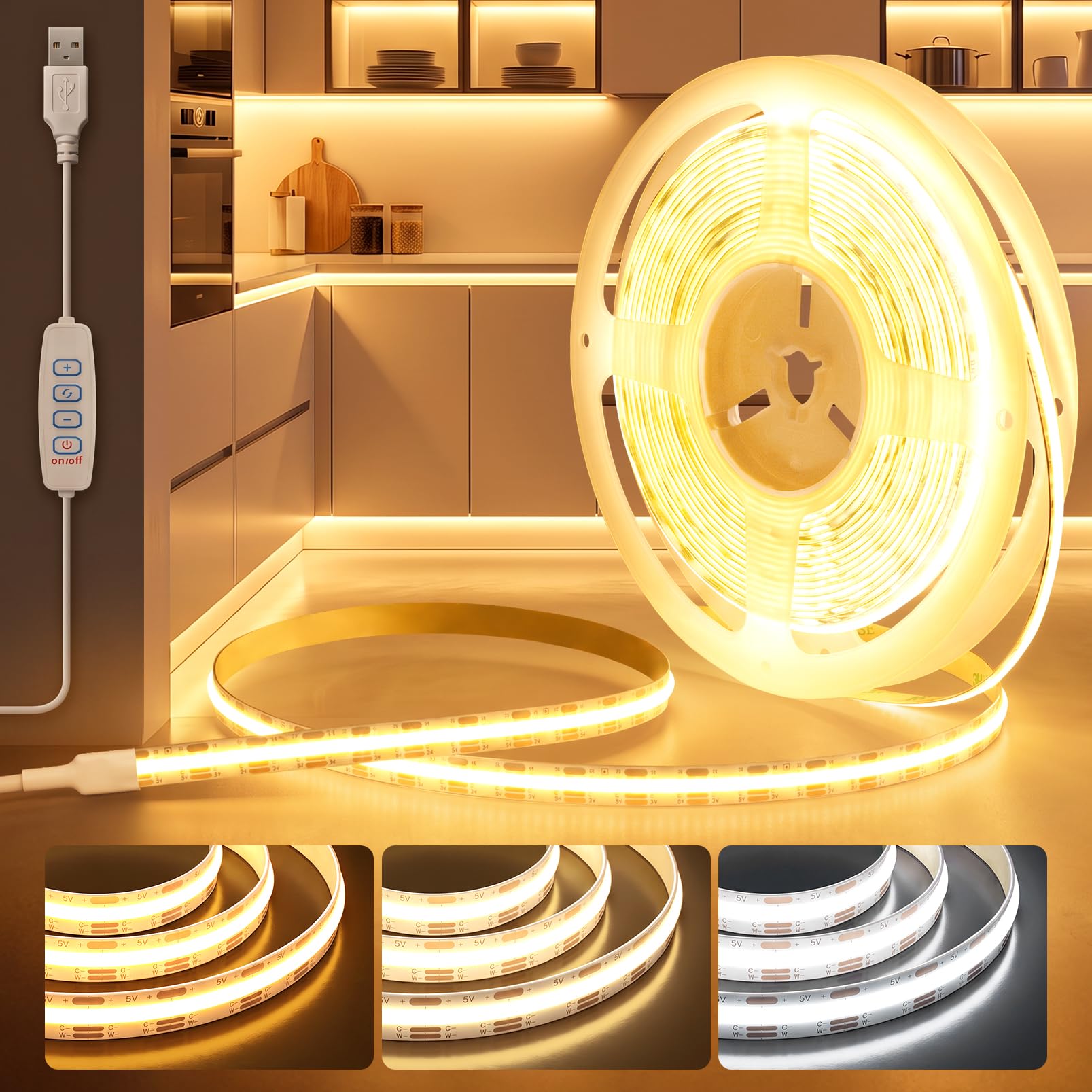 KSIBNW 5V USB COB LED Strip Lights Dimmable CCT Light Strip 1M
