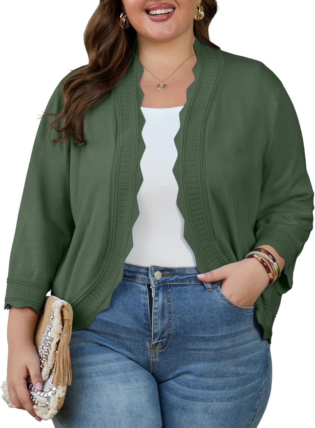 OLRIK Plus Size Cardigan for Women 3/4 Sleeve Lightweight Casual Open-Front Ribbed Wave Edges Knit Cropped Shrugs Sweaters