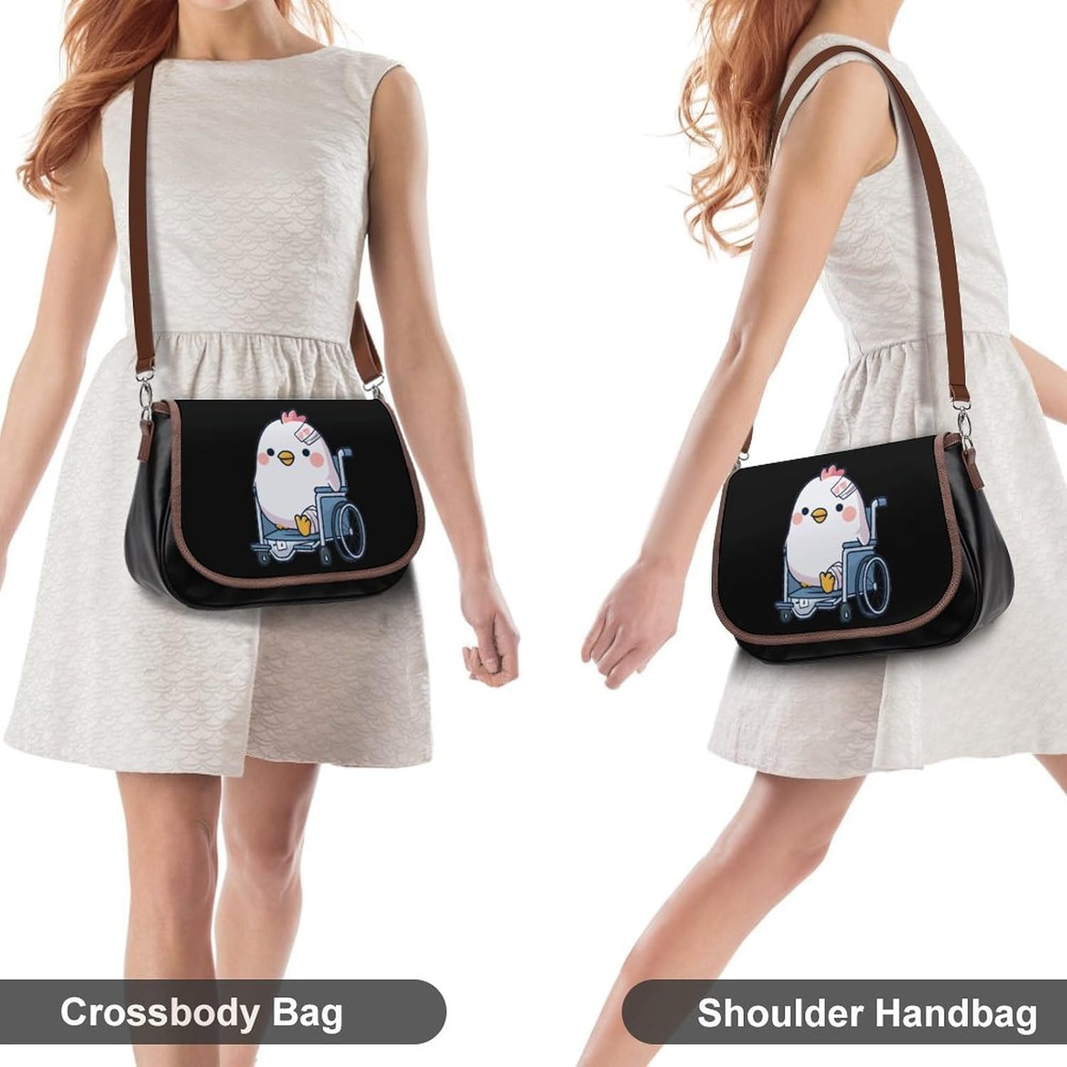 Cute Chicken in Wheel Chai Women Crossbody Purse Leather Messenger Bag Handbags Shoulder Strap Bags