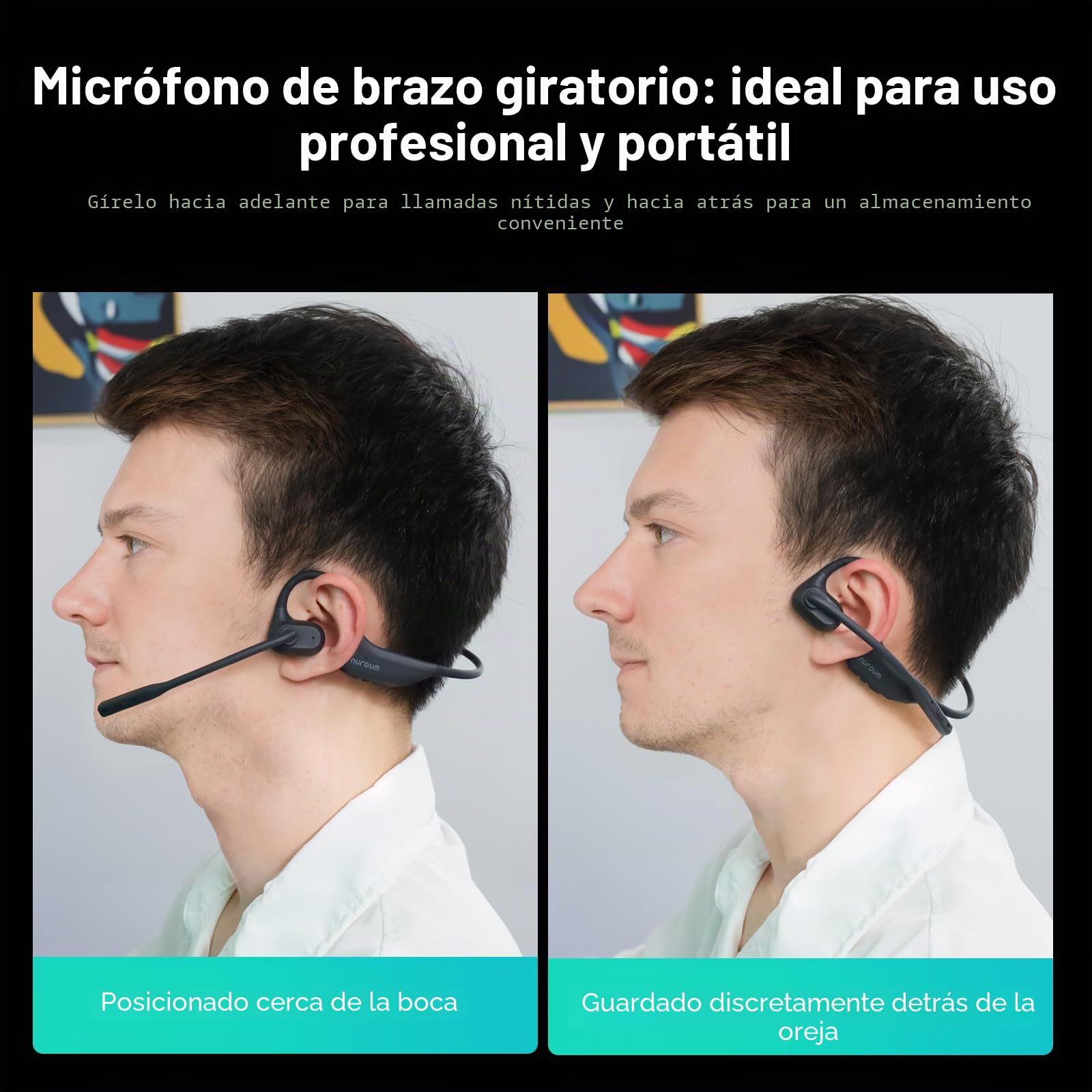 Nuroum OW20B Auriculares Inalámbricos con Micrófono Boom, Bluetooth 5.3/Función de Silencio/Conexión Multipunto para PC/Portátil/Teléfono, 15 Horas de Comodidad para Conducir/Trabajo/Llamadas/Entrenar