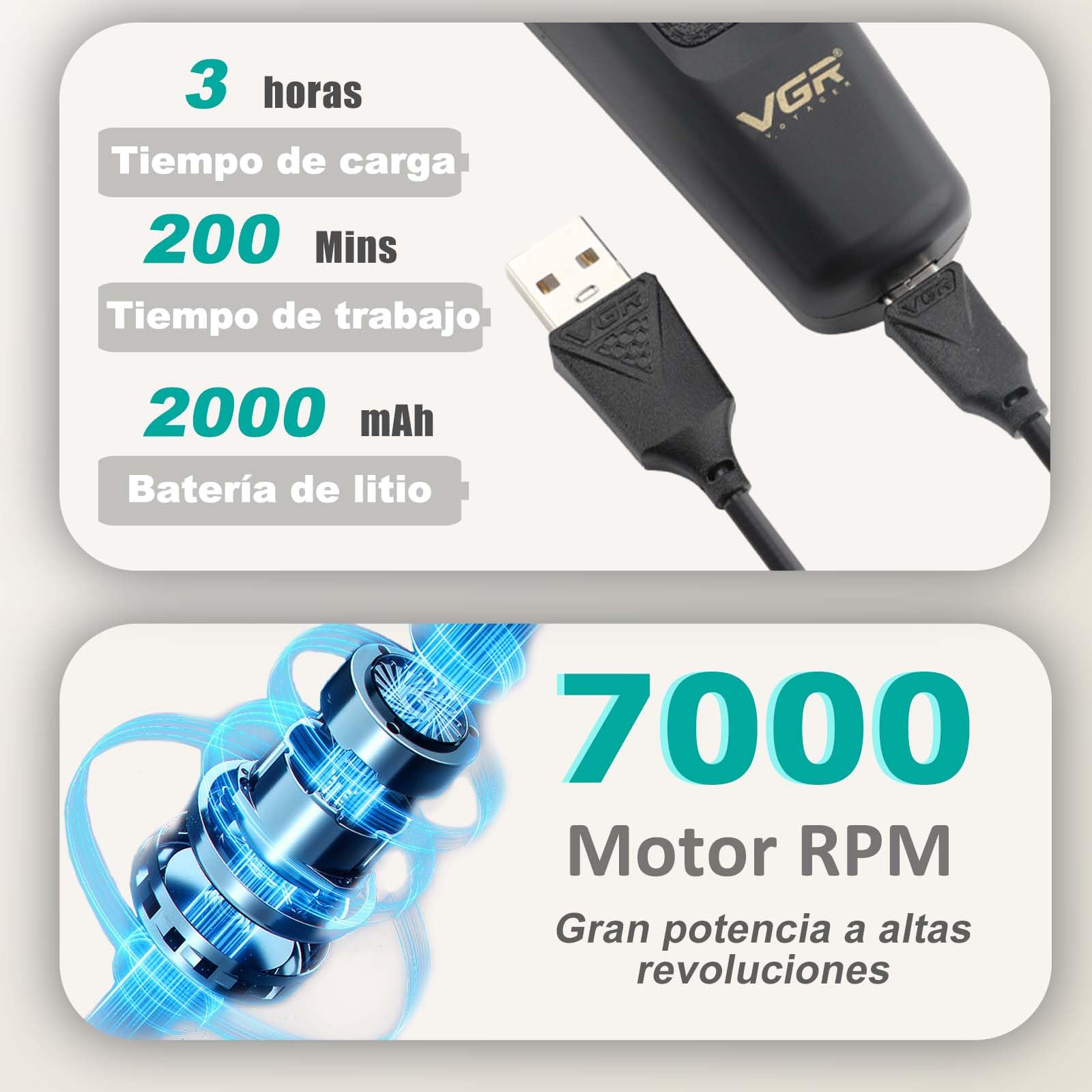 VGR 197 Maquina de Cortar Pelo Hombre Profesional con Palanca Ajustable | Clipper Maquina Pelo con Cuchillas de Cerámica, Cortapelos Profesional Inalámbrico con 6 Peines Guía, Carga USB y Luz LED