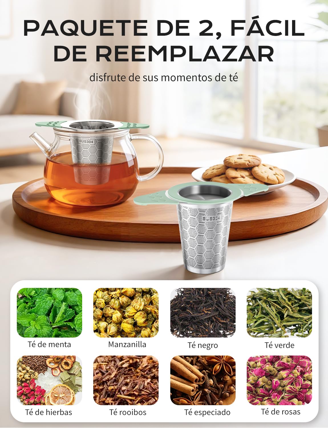 Yomanta Infusor de Te 2 Piezas - infusionador de Acero Inoxidable 304, filtro te con asa y tapa de silicona, Malla fina de 0,4 mm, colador te para tazas y teteras - verde