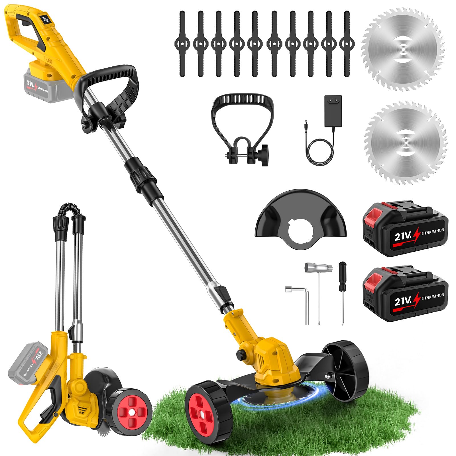 Desbrozadora Batería Plegable 21V, Cortadora de Césped Eléctrica 3 en 1 con 2 baterías, Ruedas, 12 Cuchillas, Cabezal 90°, Altura Ajustable para Jardín y Césped