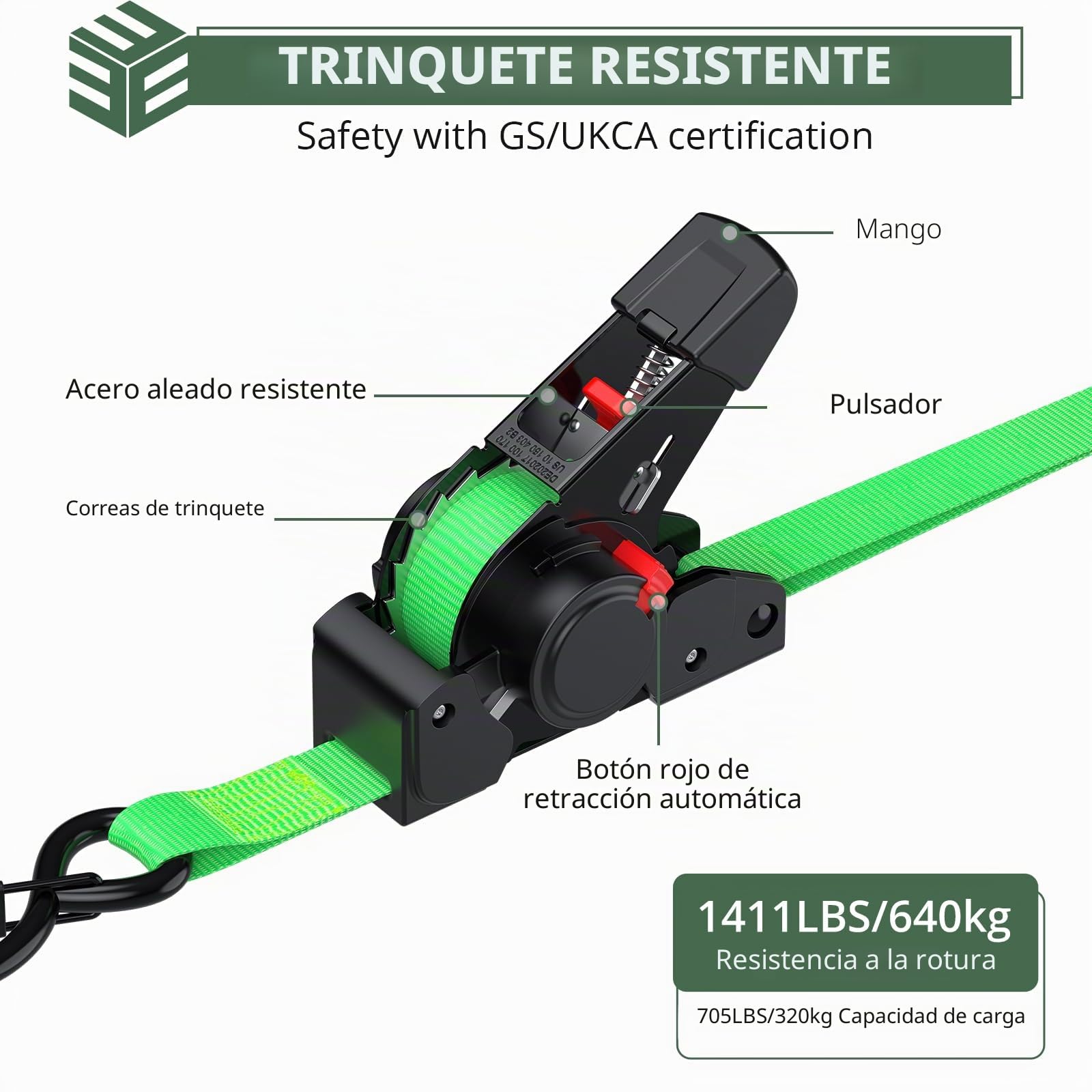 EYPINS Correas retráctiles de Amarre de trinquete (Paquete de 4) – 3,5 m de Longitud, 640 kg de Resistencia a la Rotura, Mecanismo de retracción automática, Ganchos en S con Bloqueo de Resorte y Asas