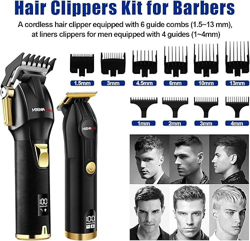 Miniatura 5 de HIENA PRO Cortapelos para hombres, juego de recortadora de líneas T, kit profesional de corte de peluquero recargable inalámbrico con pantalla LED,