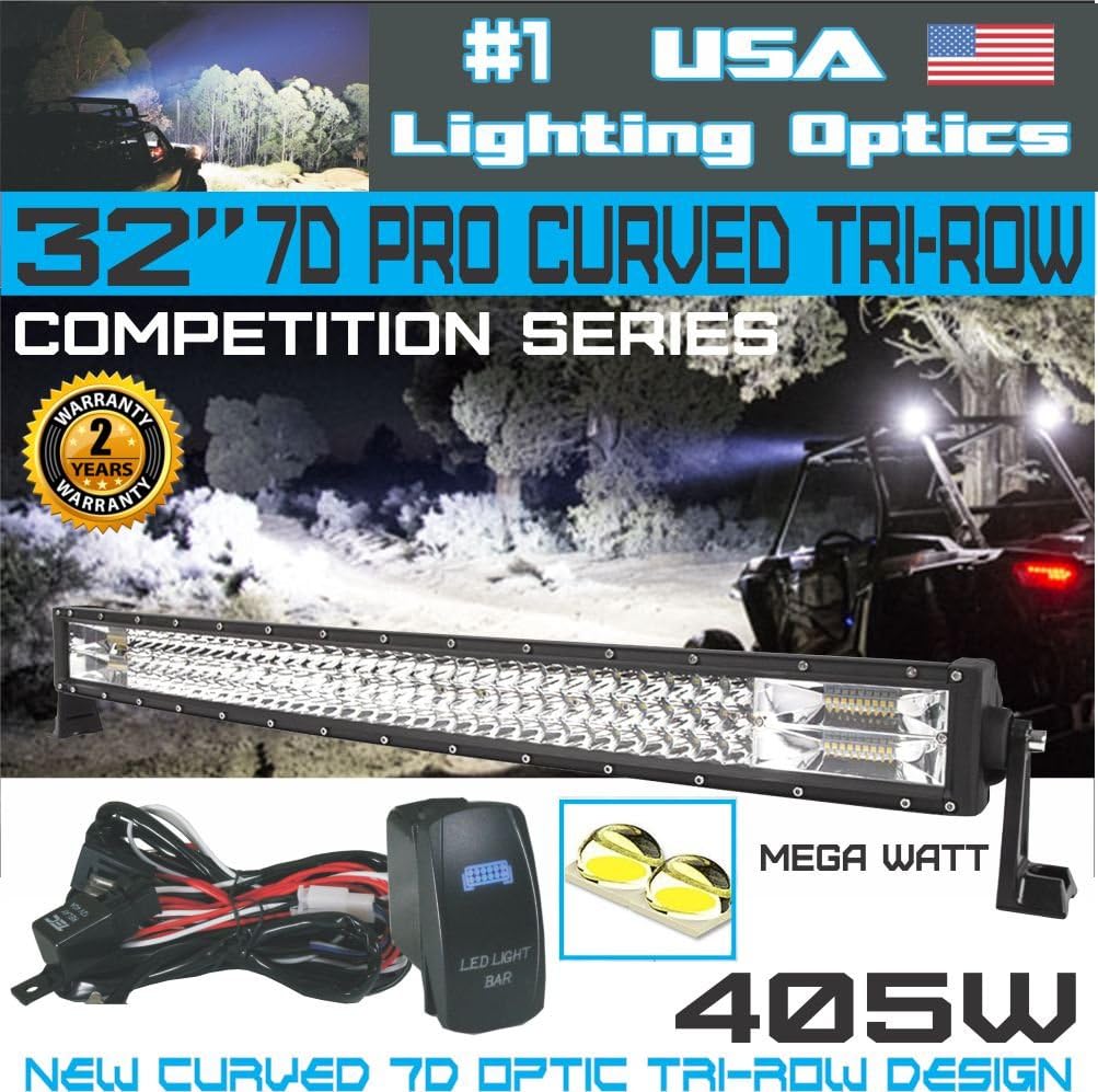 No.1 32" Curved Pro Tri-Row Led Light Bar 405w 40,500LM 7D Spot Flood Combo Beam for Off Road ATV AWD SUV 4WD 4x4 RZR CanAm