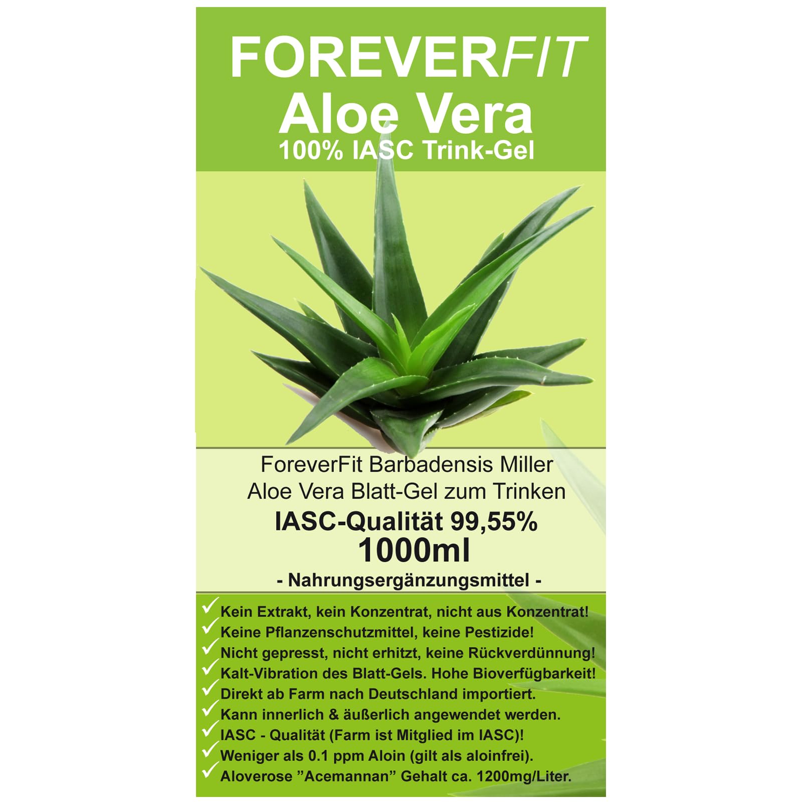 Aloe Vera Gel ForeverFit 1 x 1000ml Trinkgel Barbadensis Miller Blattgel  unverdnnt KEIN Saft KEIN Konzentrat OHNE knstliche Vitamine. Acemannan  bis ...