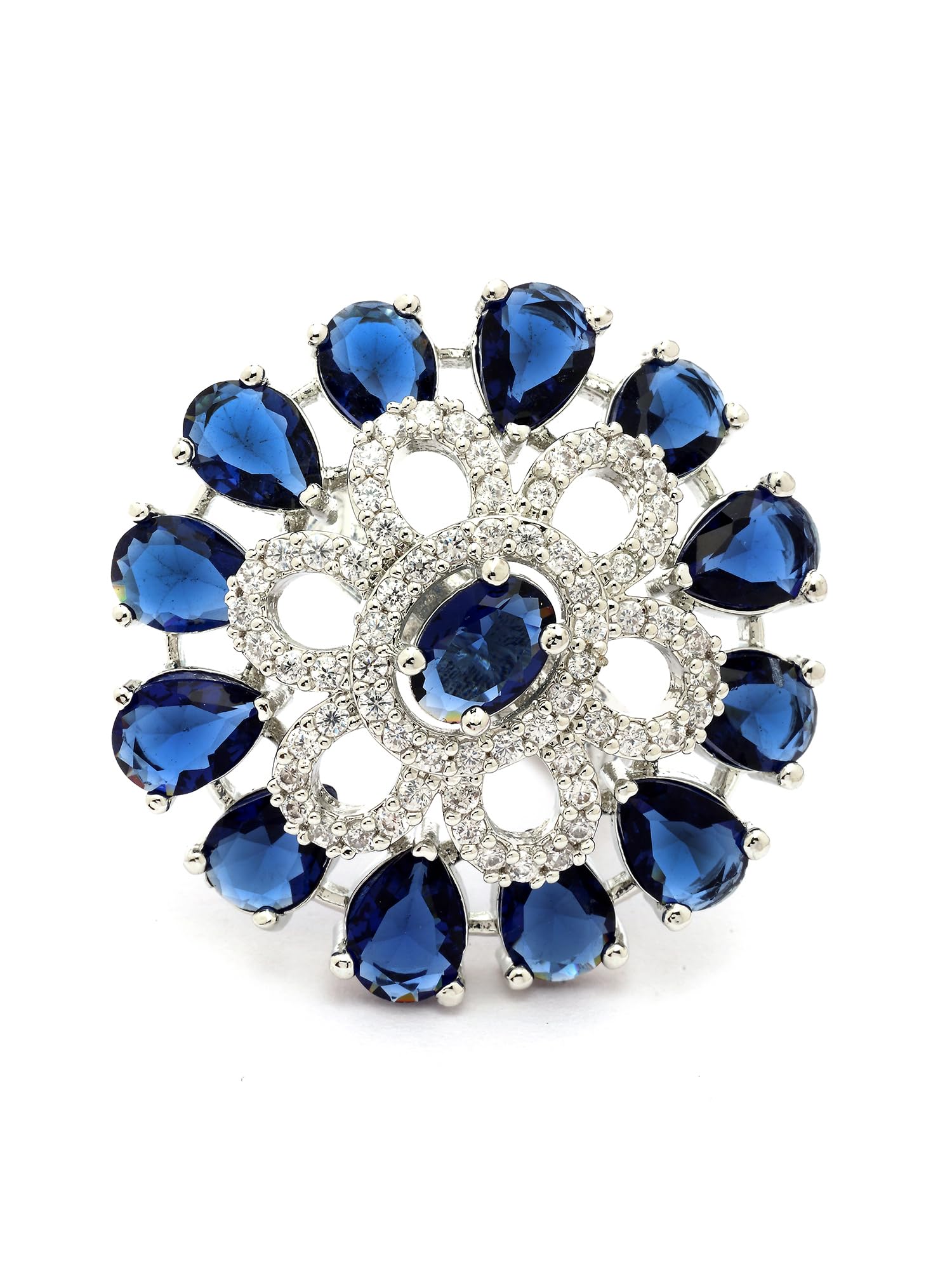 karatcart Designer Blue American Diamond Silver-Plated Round Floral Cocktail Rings for Women-picture-44