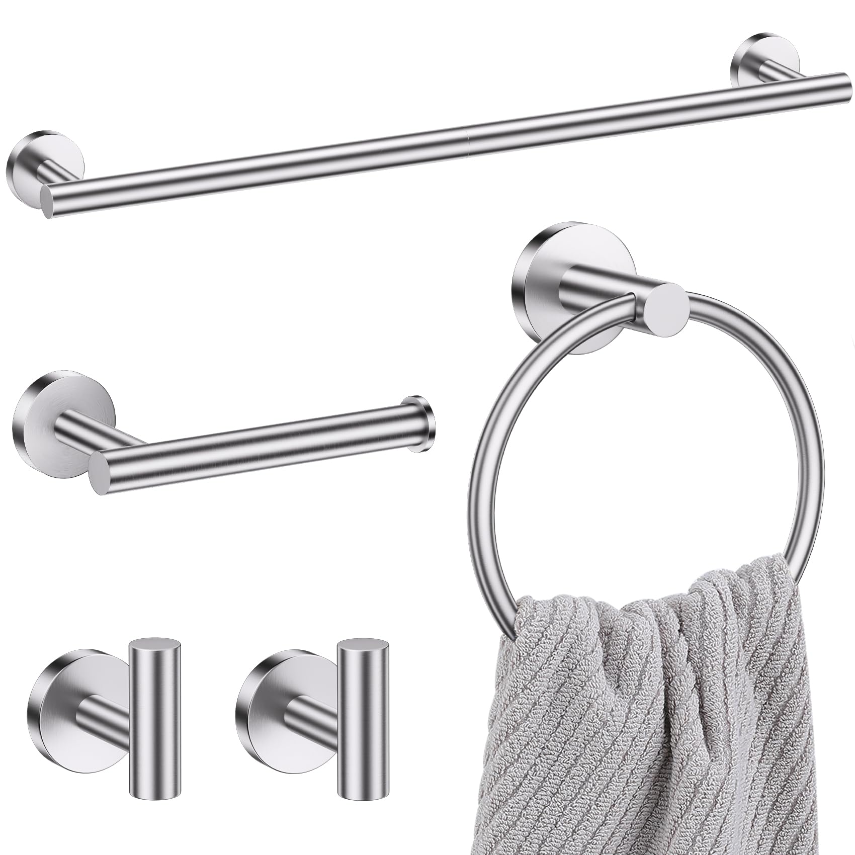 Lairuier 5 Pieces Brushed Nickel Bathroom Accessories Set, 23.6 Inch Bath Towel Bar Set, SUS304 Stainless Steel Bathroom Hardware Set Round Toilet
