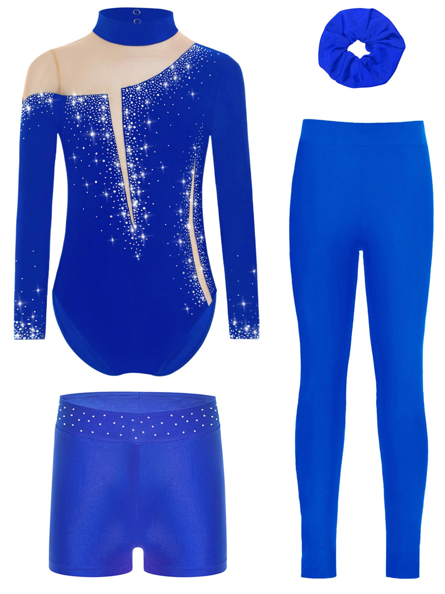TiaoBug Maillot De Baile Gimnasia Para Niña Leotardo Manga Larga Y Leggings Cortos Elásticos + Banda Para El Cabello Mono Deportivo Elástico