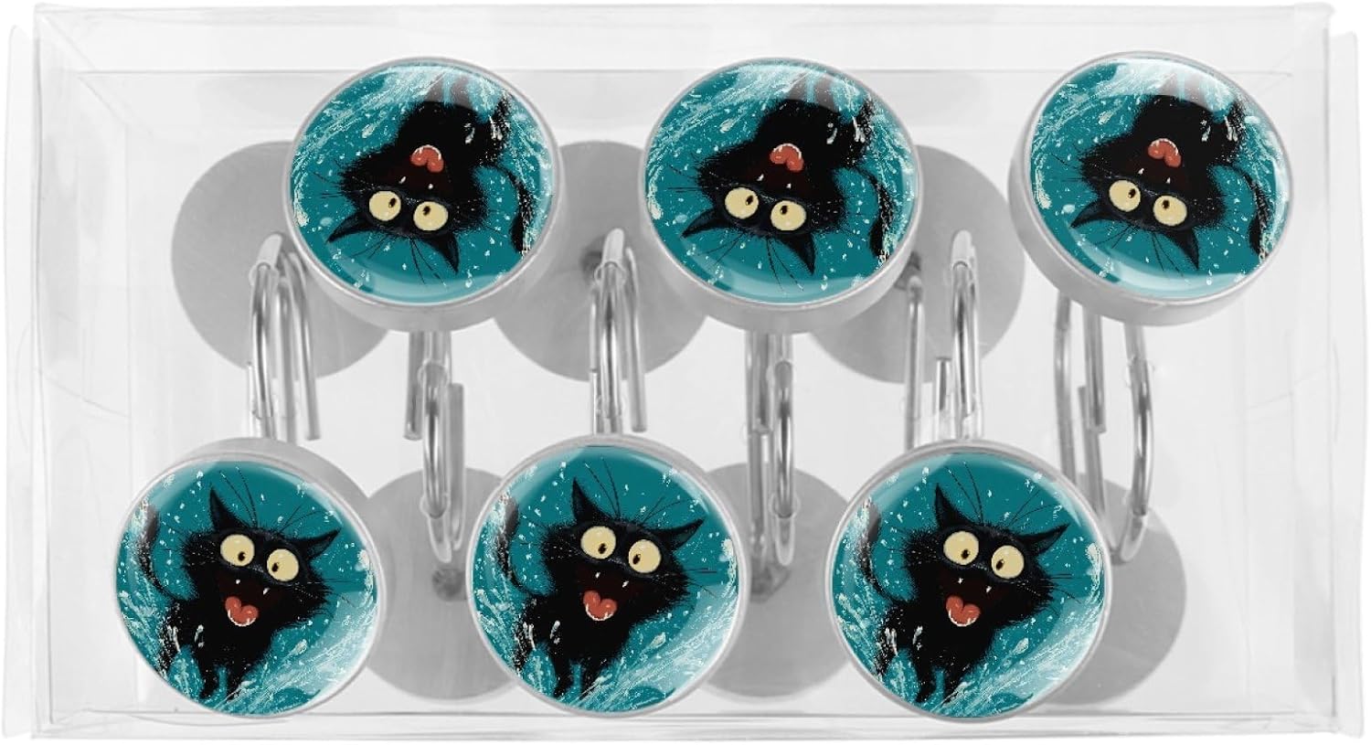 12Pcs Cute Teal and Black Cat Shower Curtain Hooks for Bathroom, Round Home Decorative Shower Curtain Rings, Modern Shower Curtain Hangers Bathroom Accessories