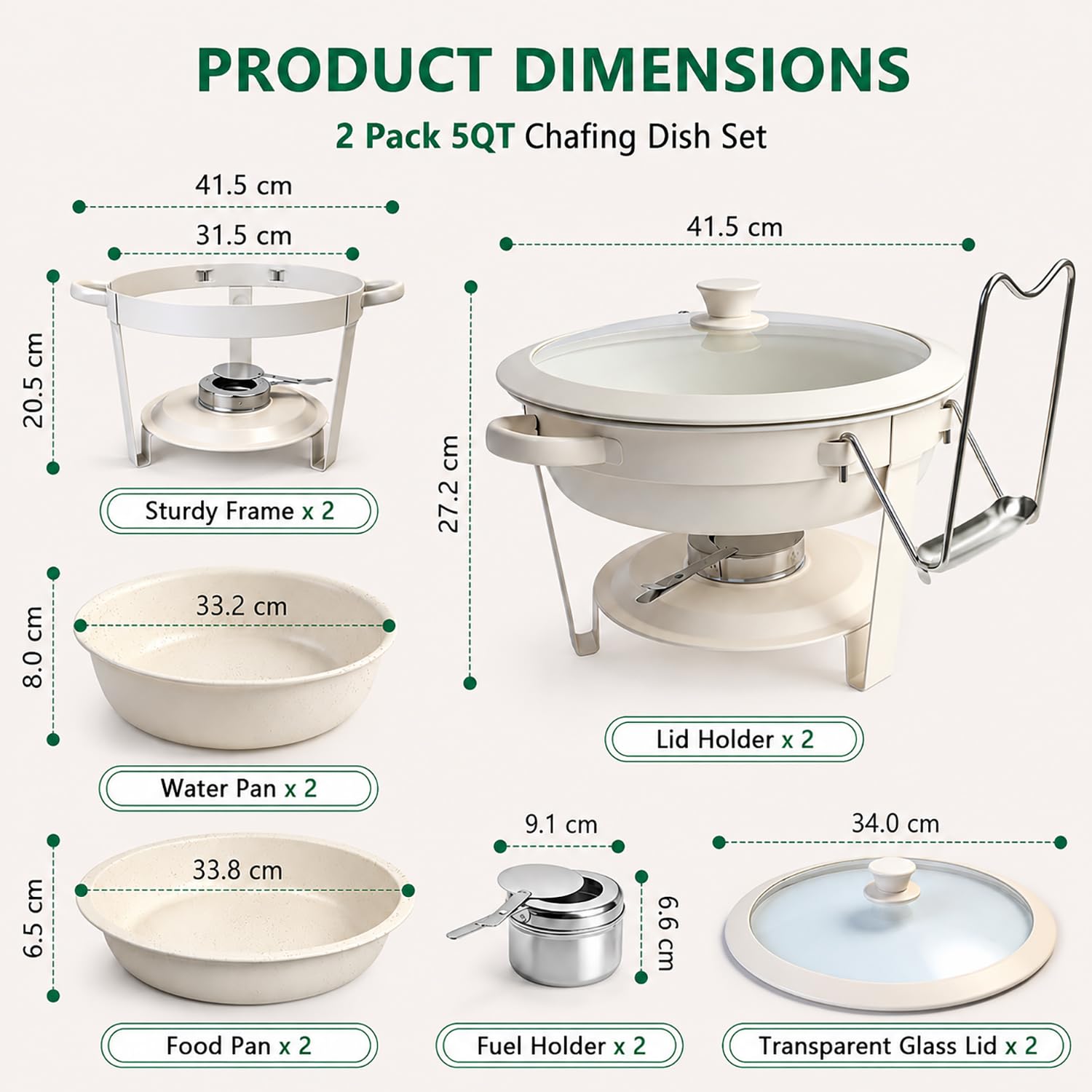 Chafing Dish 5L Scaldavivande Buffet con Coperchio in Vetro Set 2 | Rechaud con Supporto per Combustibile, Rivestimento Antiaderente Maifanite, Ideale per Matrimonio, Catering, Feste