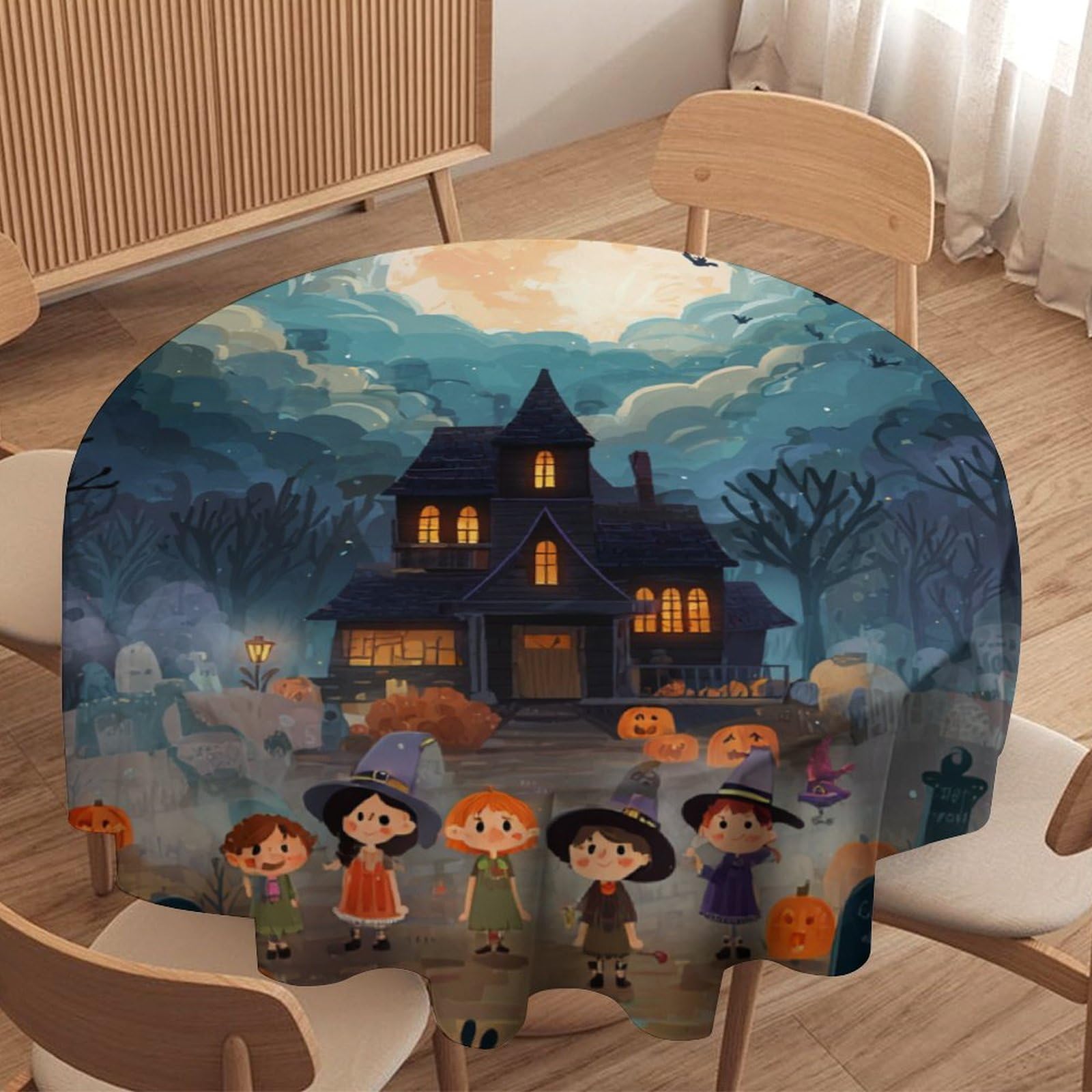 LUYYSKY Funny Spooky Cute Witch Waterproof Round Tablecloth Classic Romantic Halloween Full Moon Castle Plant Pumpkin Pattern Washable Table Cover for Kitchen-91.4" Wx91.4 L cm