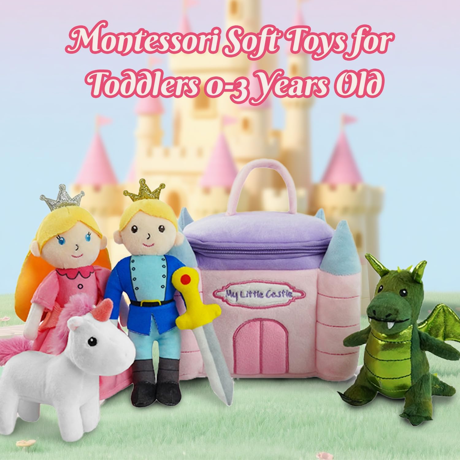 Castle Princess Baby Doll Stuffed Animal for Toddler 0-12 Months 1 2 3 Year Old Fairytale Plush Toys Castle Boy Girl Toy Set Montessori Soft Baby Toys with Prince, Unicorn, Dragon Baby Stuff Gift