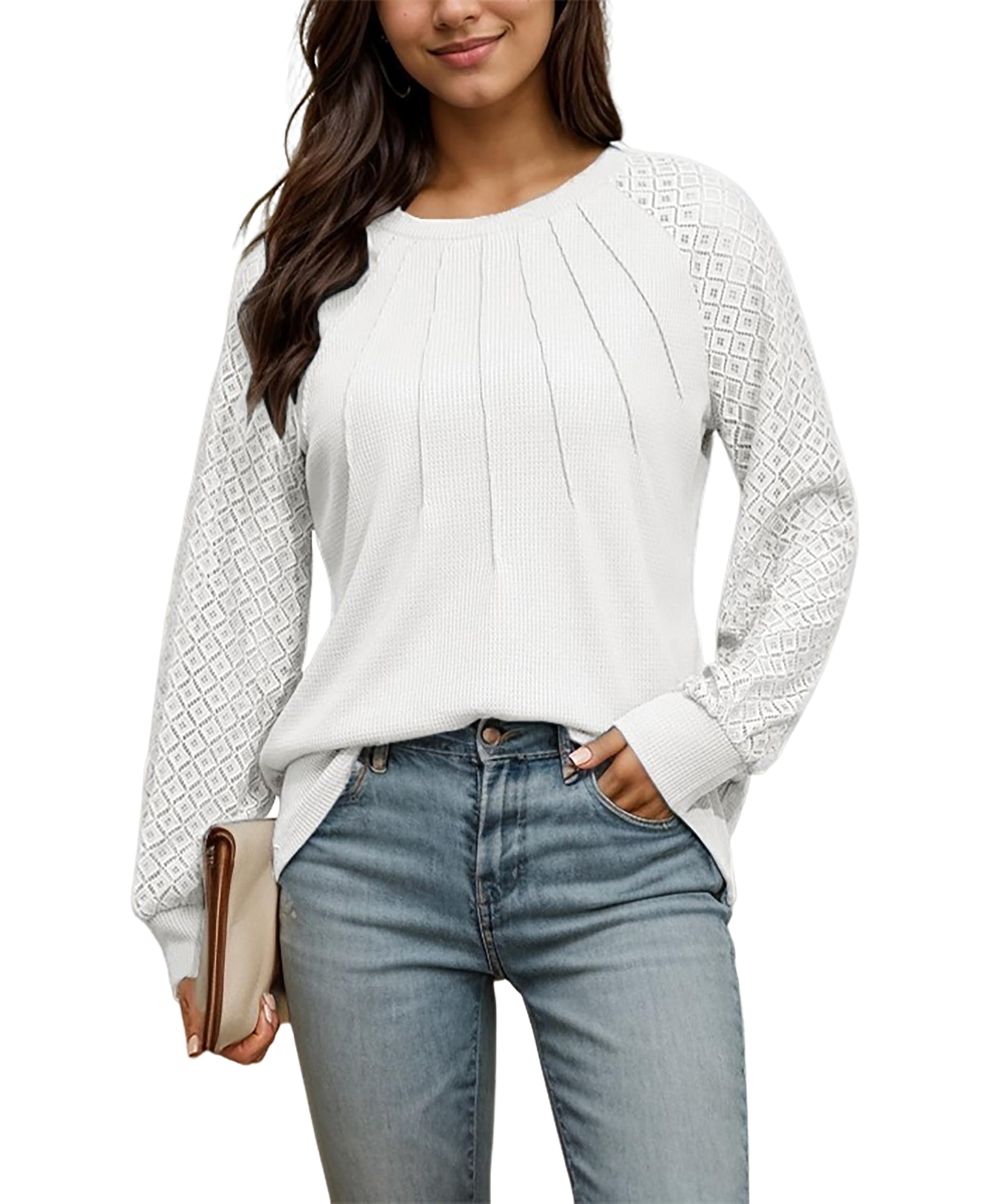 Timuspo Spitzen Oberteil Damen Waffel Strick Bluse Rundhals Tunika Langarm Lässige Einfarbig Shirt Elegant Vorne Falten Top Spitzentop Frühling Herbst Tshirts