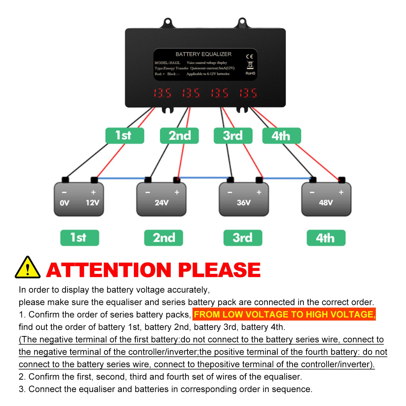 Égaliseur Batterie 48 V 4 x 12 V Équilibreur De Batterie ÉCran Ha12l Numérique Égaliseur De Batterie avec Écran LED pour Batterie Au Lithium Plomb Acide