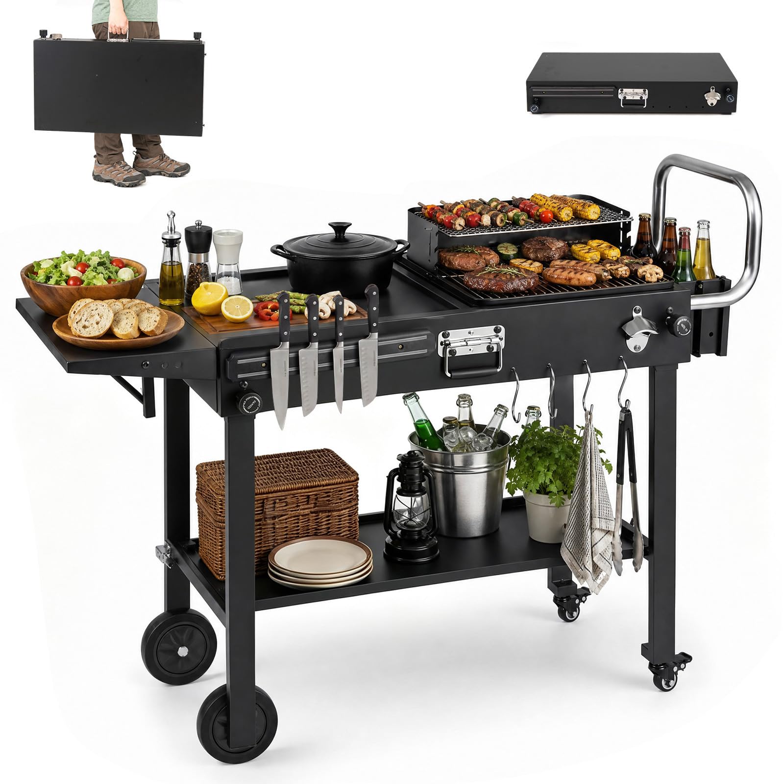 KOMFOTTEU Carrello Barbecue Portatile con 4 Ruote e Portautensili Magnetico | Carrello Cucina da Giardino con Ripiano Portaoggetti, Portaspezie, Apribottiglie e Ganci, 118x43x88 cm