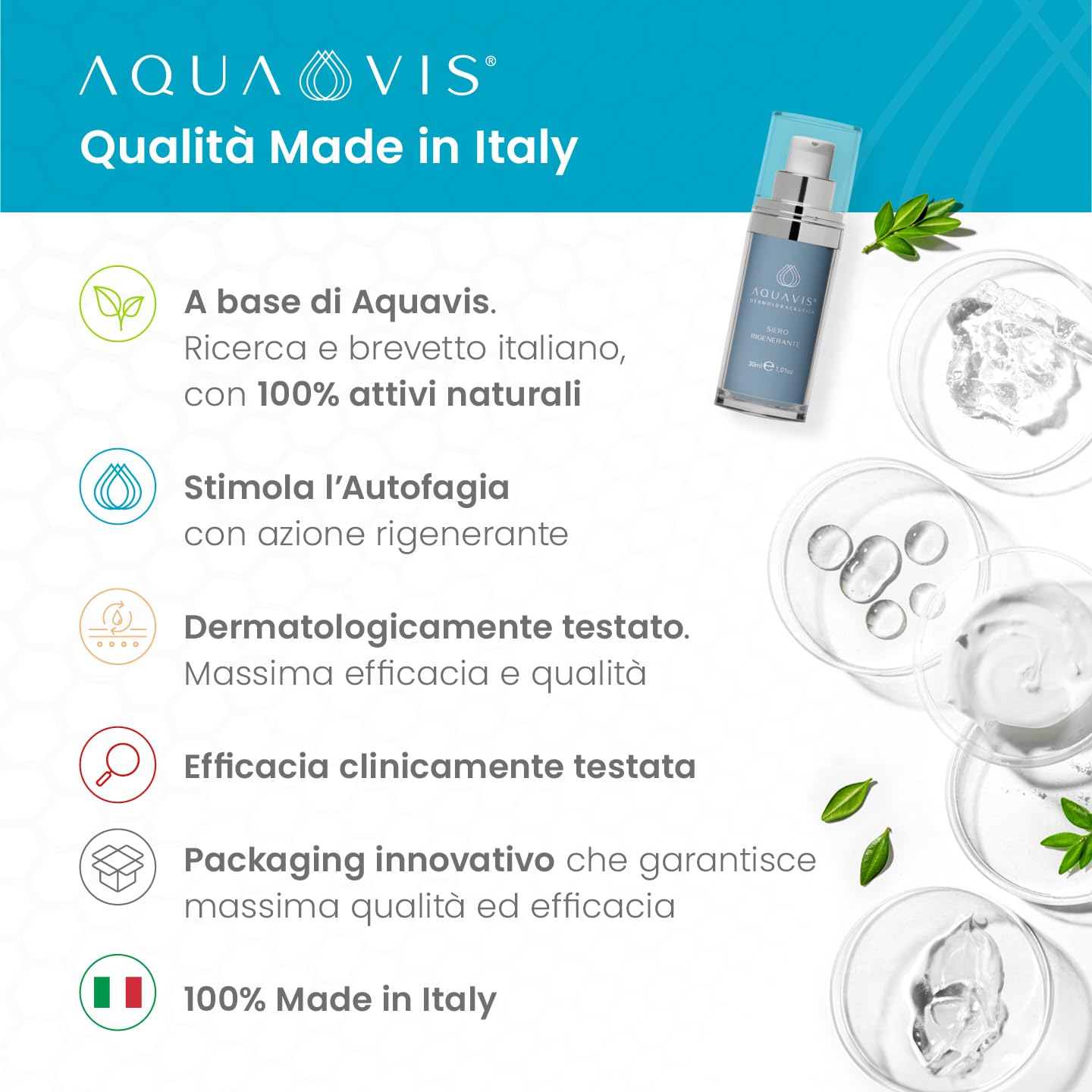 Aquavis® Siero Viso Liftante Antirughe con Aquavis, Ciclo destrine, Peptide, Vitamina C/E, Olio di Avocado e semi di Chia. 30 ml