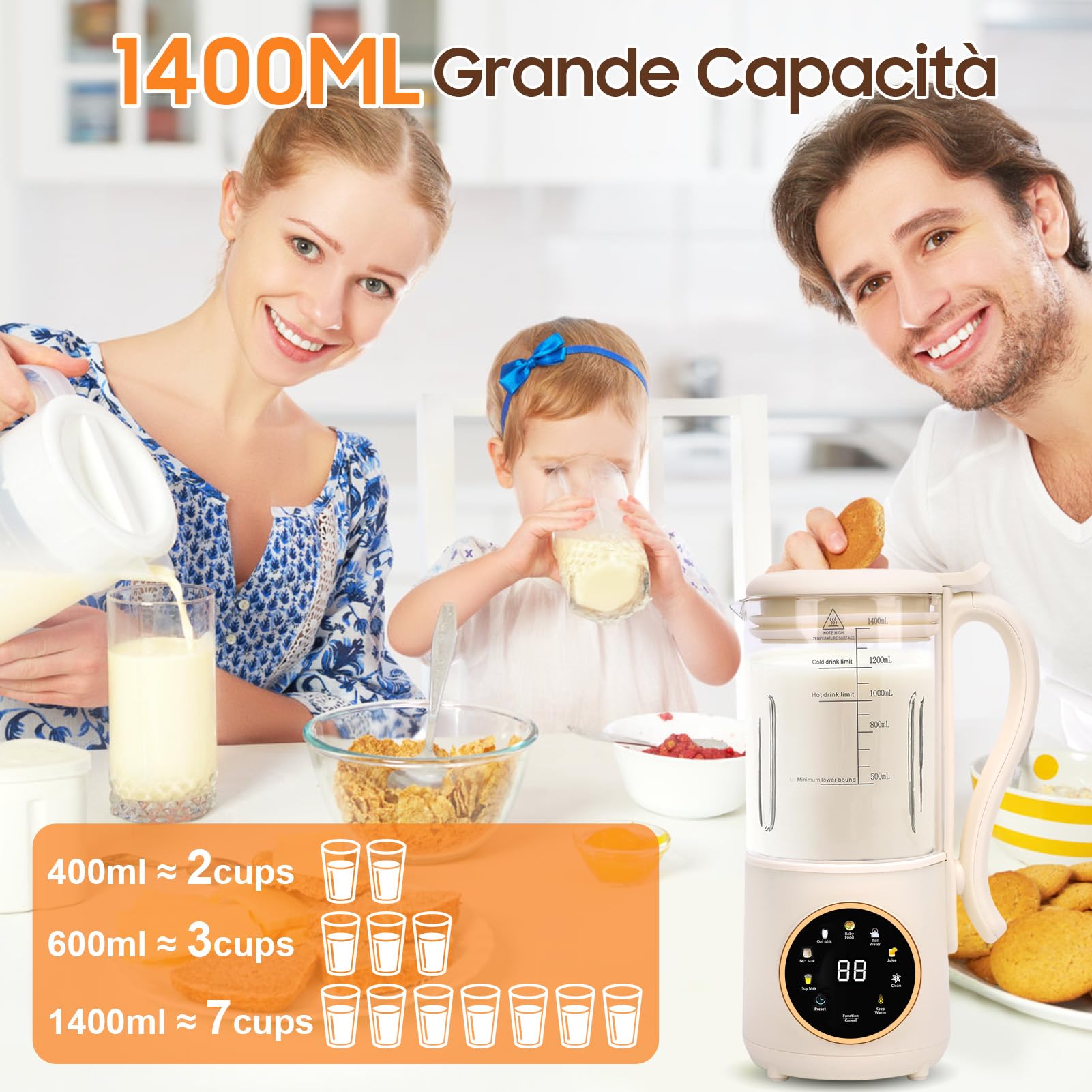 Macchina per Latte di Soia, 1400ml Automatico Multifunzionale Macchina per Latte di Noci con LED Display, Macchina per Latte Vegetale Fatto in Casa, Soia, Mandorle, Avena Bevande