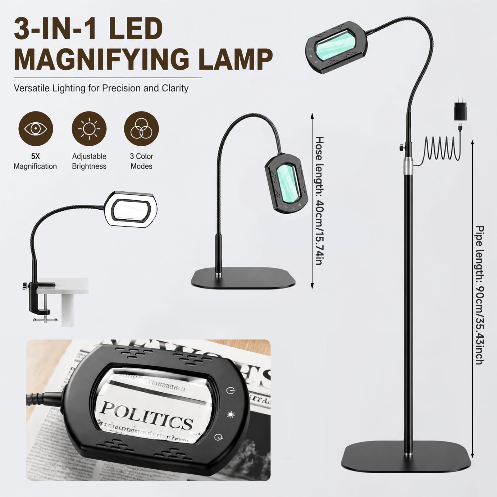 Lupa de pie 10 aumentos, 3 en 1 con 60 LED y cuello de cisne flexible, con abrazadera, 5 modos de color y brillo regulable, práctica lupa de lectura para personas mayores en el escritorio
