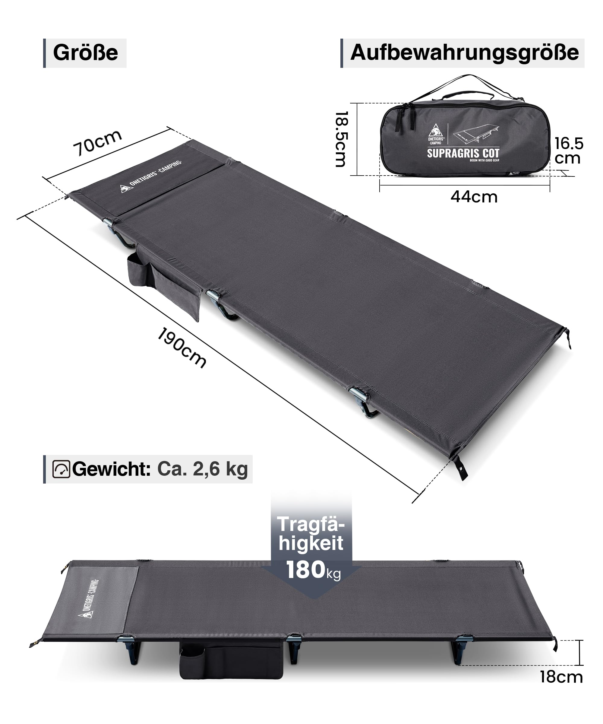 OneTigris SUPRAGRIS lettino da campeggio pieghevole, portatile, pieghevole, leggero, pieghevole, fino a 180 kg, per tenda, attività all'aperto, viaggi, giardino, ufficio (190 × 70 × 18 cm)