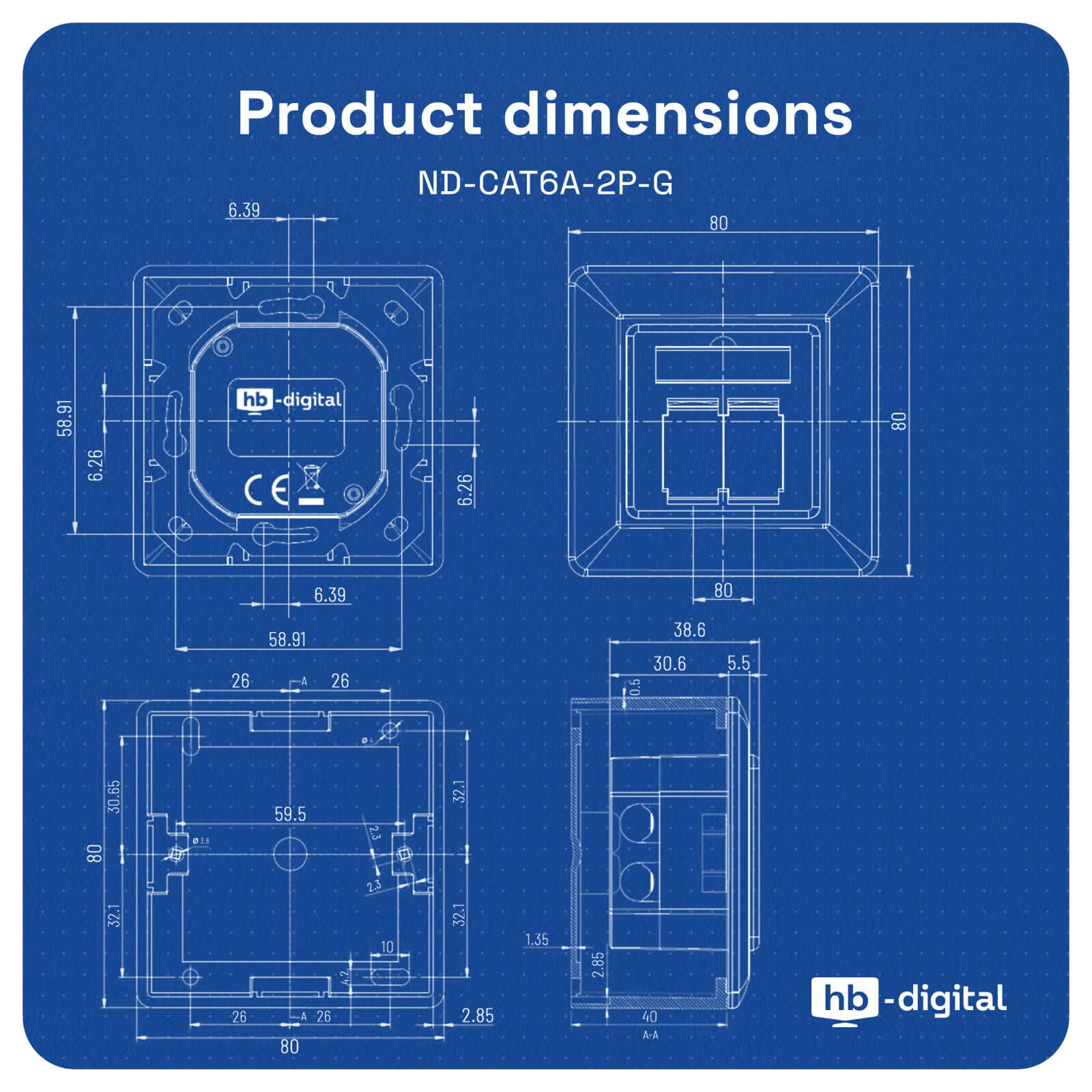 hb-digital 10 enchufes de red CAT 6a para CAT.8 CAT.7 CAT.6A CAT.6 CAT.5 cable de instalación con 2 puertos RJ45 | Caja de datos universal EIA/TIA 568A&B 8P8C Gigabit Ethernet RAL9010 blanco