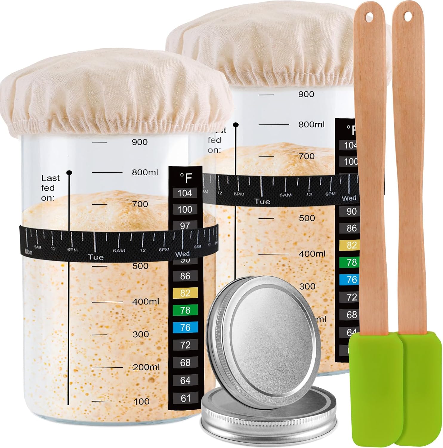 Sourdough Starter Jar, 1000ML/35Oz 2 Pack Sourdough Starter Kits with Thermometer Strip, Silicone Scraper, Cloth Cover, Aluminum Lid and Feeding Band, Sourdough Bread Baking