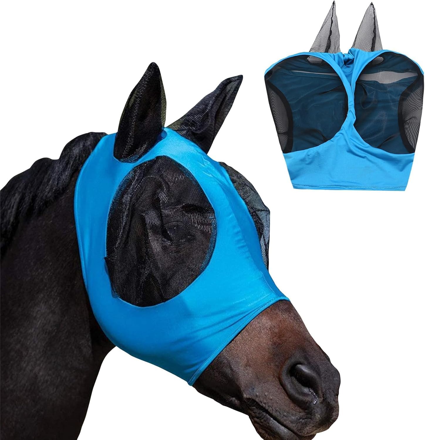 Máscara de Mosca Azul para Caballos con Orejas, Protección UV y Moscas, Malla Transpirable
