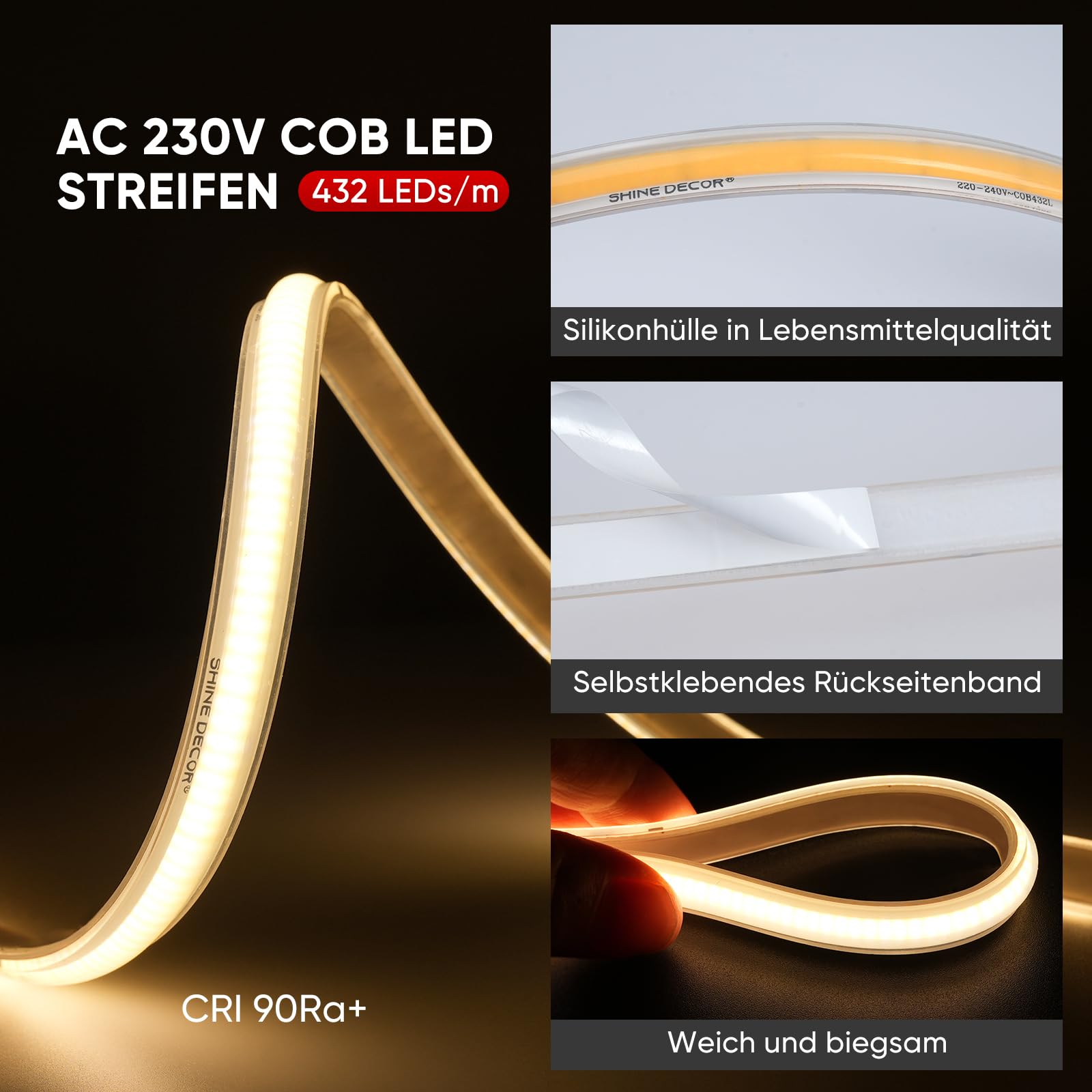 Shine Decor COB LED Streifen 5m, AC 230V IP67 Wasserdicht Flexible LED-Neon Lichterketten, 432 leds/m Ultrahelle Strip Light Band für Innen Außen Beleuchtung (3000K Warmweiß)