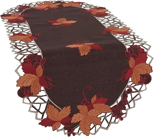 Harvest Hues - Camino de mesa de otoño bordado, 16 x 34 pulgadas, marrón