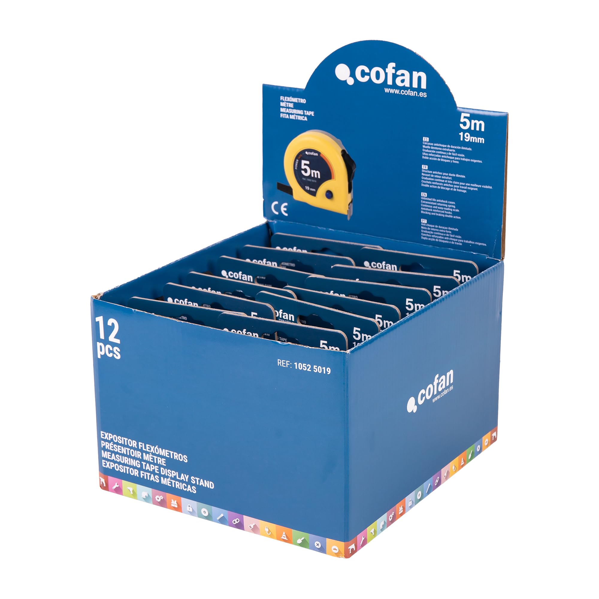 Cofan Cofan - Espositore per flessometri con blocco a lama, include 12 flessometri | Flexometro 5 m x 19 mm (foglia) | Misura espositore: 22 x 23,8 x 15,5 cm