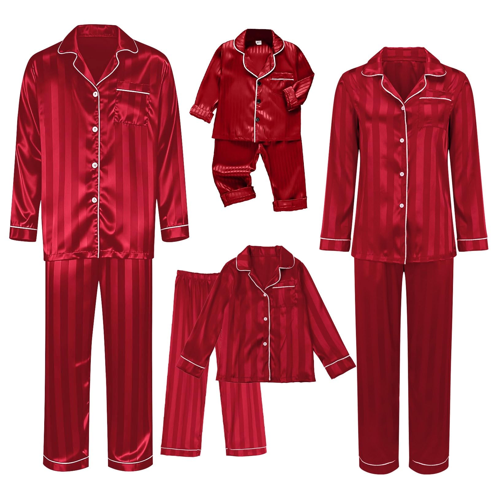 Silk Matching Christmas Pajamas for Family Striped Button Down Shirt and Pants Silky Satin Xmas Pjs Sets for Pictures