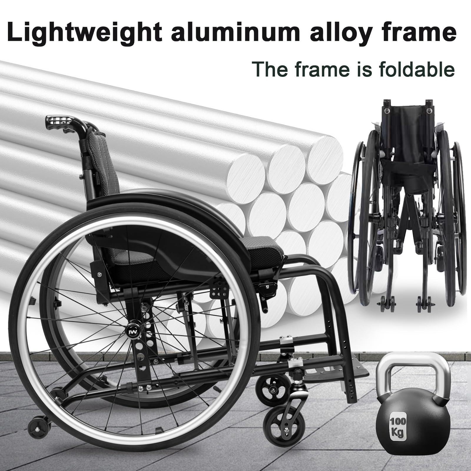 Wózek inwalidzki ze stopu aluminium, lekki, wyposażony w opony terenowe, zdejmowany podnóżek (szerokość: 42 cm)