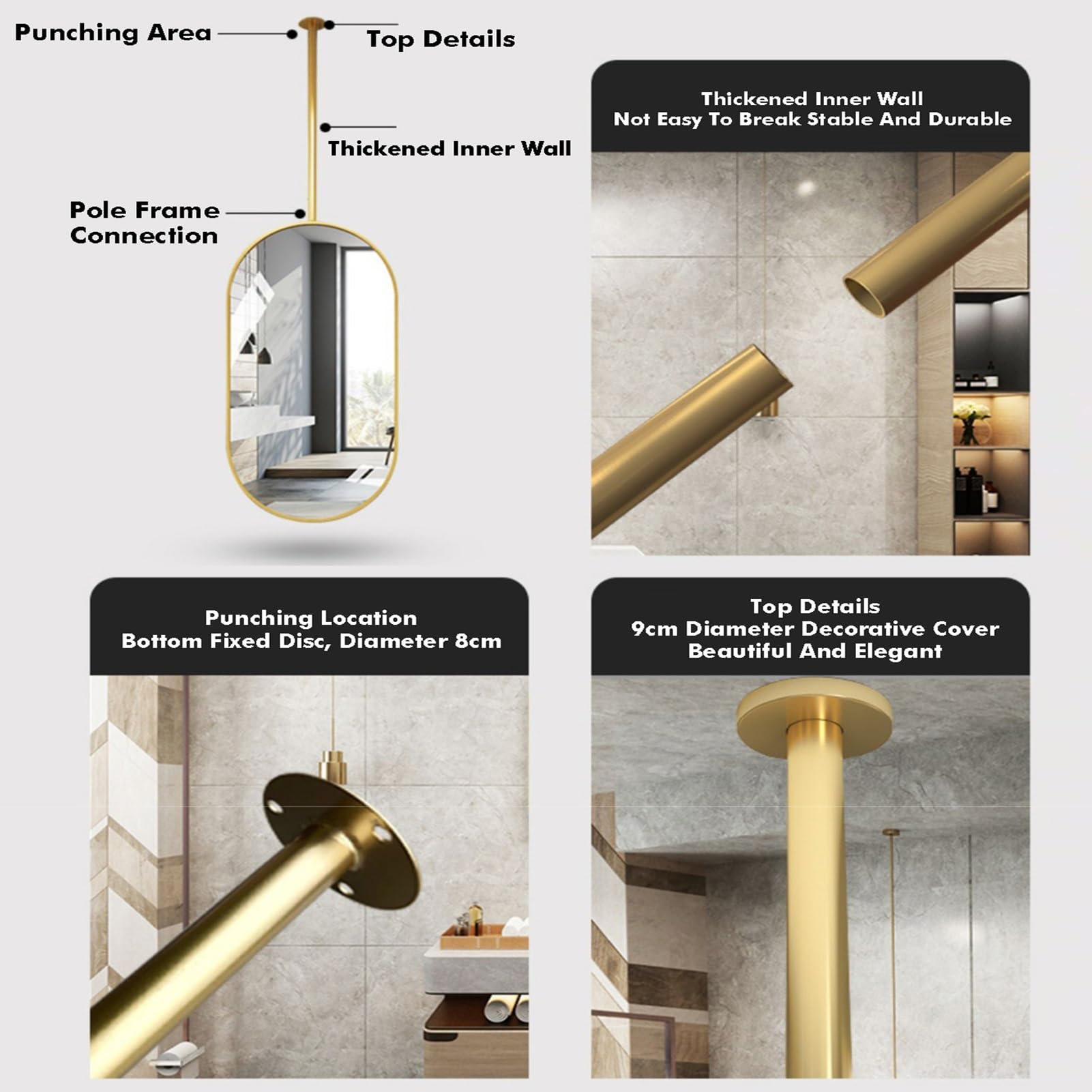Espejo de Techo Ovalado con Marco de Metal, Espejo Flotante para baño (Dorado, 40 x 60 cm)