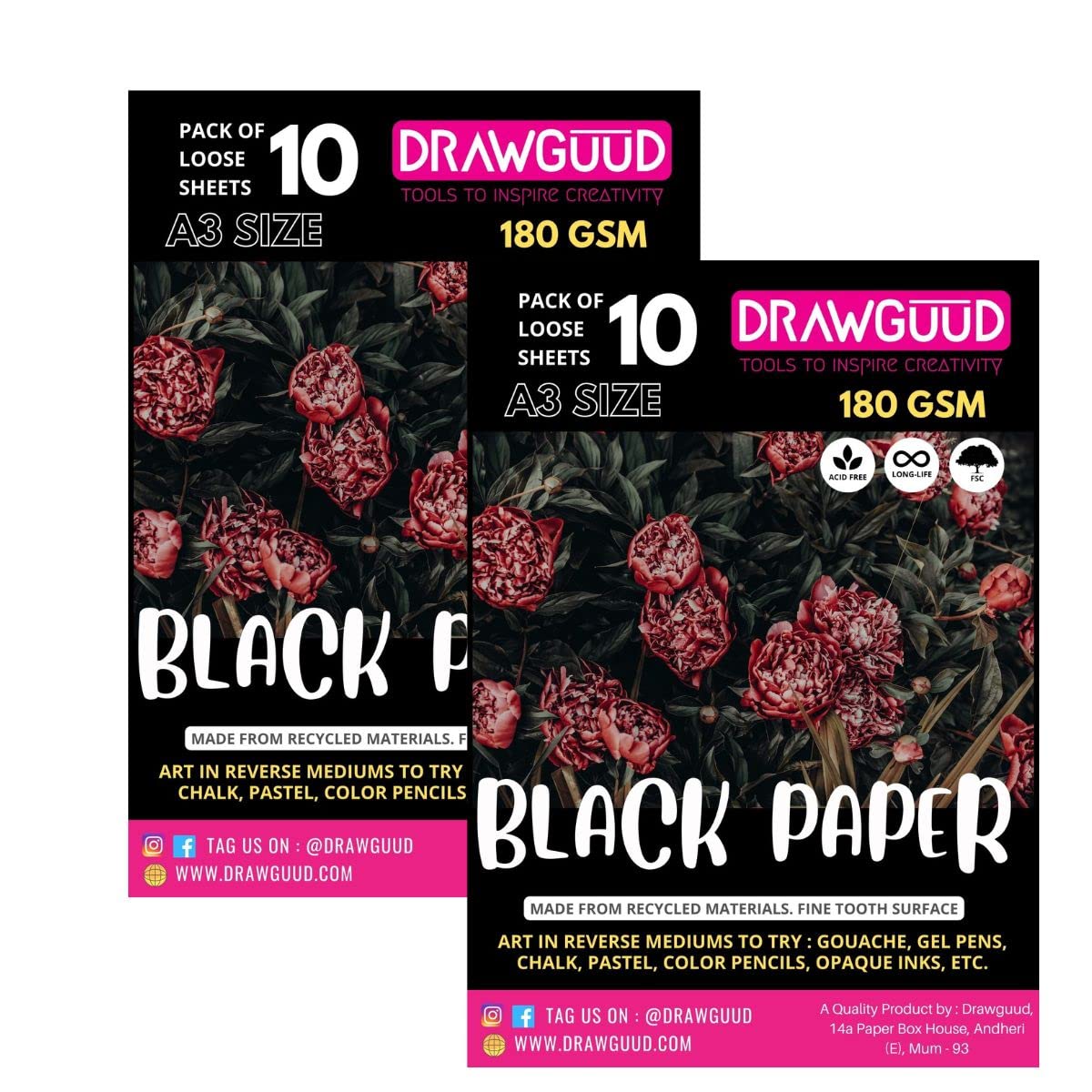 DRAWGUUD Black Paper Pack of 2, 180 GSM, 10 Sheets per Pack (20 Sheets)- A3 Size (11.7X16.5 in)- Ideal for Pastel Art Supplies, Graphite, Colored Pencils, Charcoal, Oil Pastels, Gel Pens, Chalk, Ink