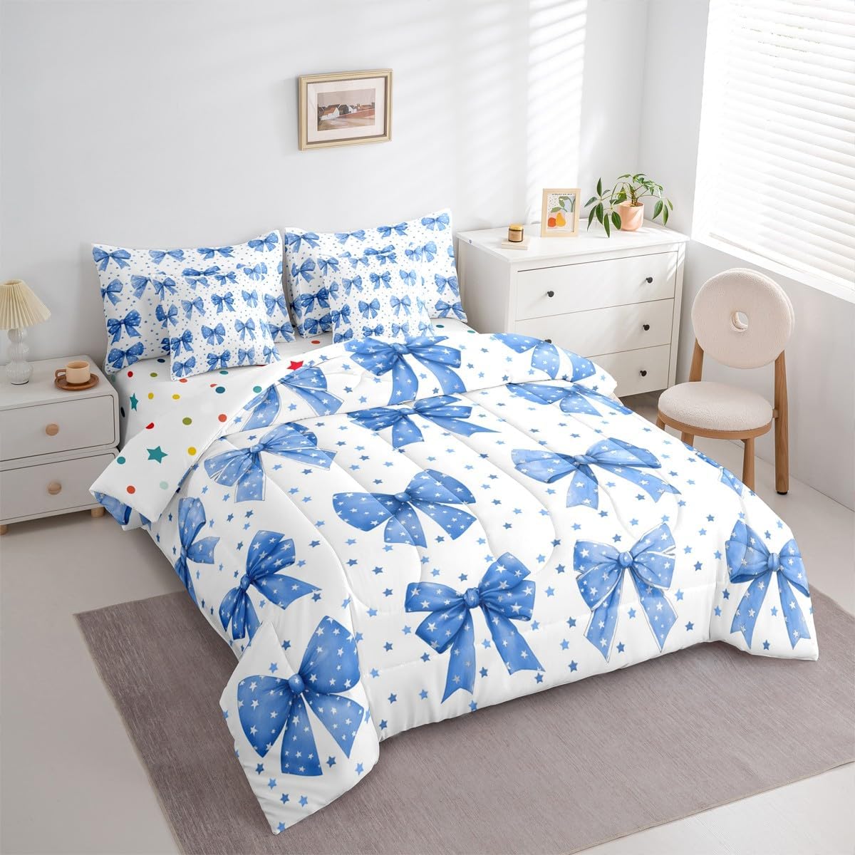 Erosebridal Princess Blue Bow Queen Comforter Set 7 Piece for Girls Kids Teens Adults Cute Star Bedding Set Cartoon Bowknot Bed in A Bag with Sheets Coquette Dreamy Style Bed Set Room Decor - Image 3