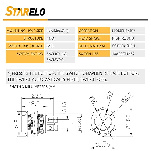 Miniatura 10 de STARELO 5 interruptores de botón momentáneos de 0.472 in con pre-cableado, interruptor de botón impermeable IP65, acero inoxidable 1 normalmente